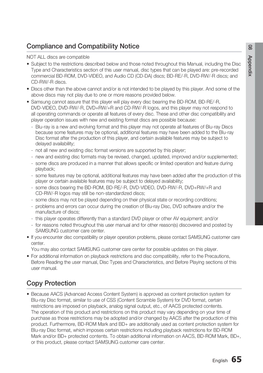 Samsung BD-C6500/XAA, BD-C6500/EDC, BD-C6500/XEF, BD-C6500/XEE manual Compliance and Compatibility Notice, Copy Protection 