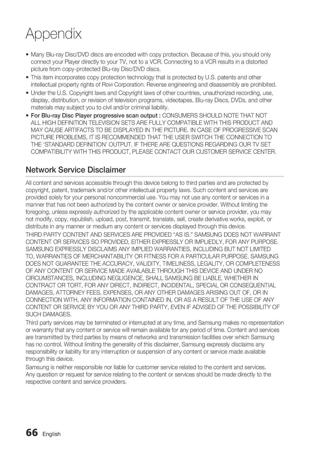 Samsung BD-C6500/XEF, BD-C6500/EDC, BD-C6500/XAA, BD-C6500/XEE manual Network Service Disclaimer 