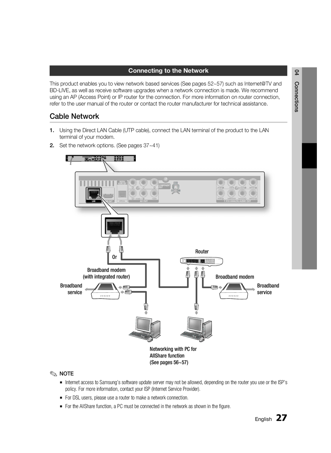 Samsung BD-C6500/XEE, BD-C6500/EDC, BD-C6500/XAA, BD-C6500/XEF manual Cable Network, Connecting to the Network 