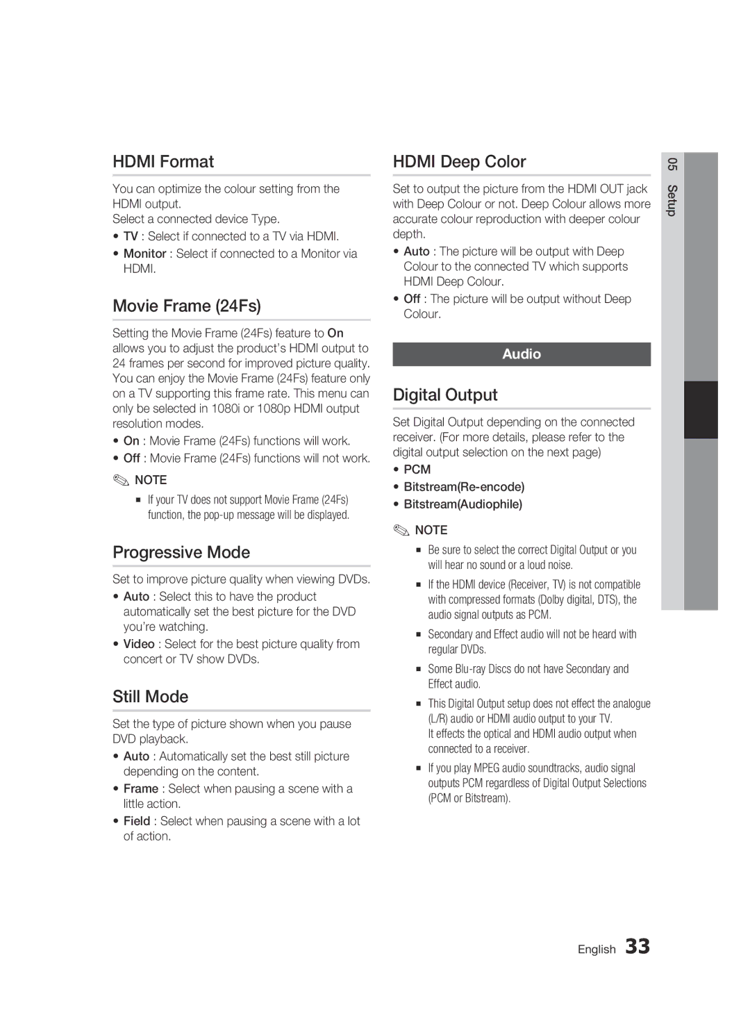 Samsung BD-C6500/XAA manual Hdmi Format, Movie Frame 24Fs, Progressive Mode, Still Mode, Hdmi Deep Color, Digital Output 