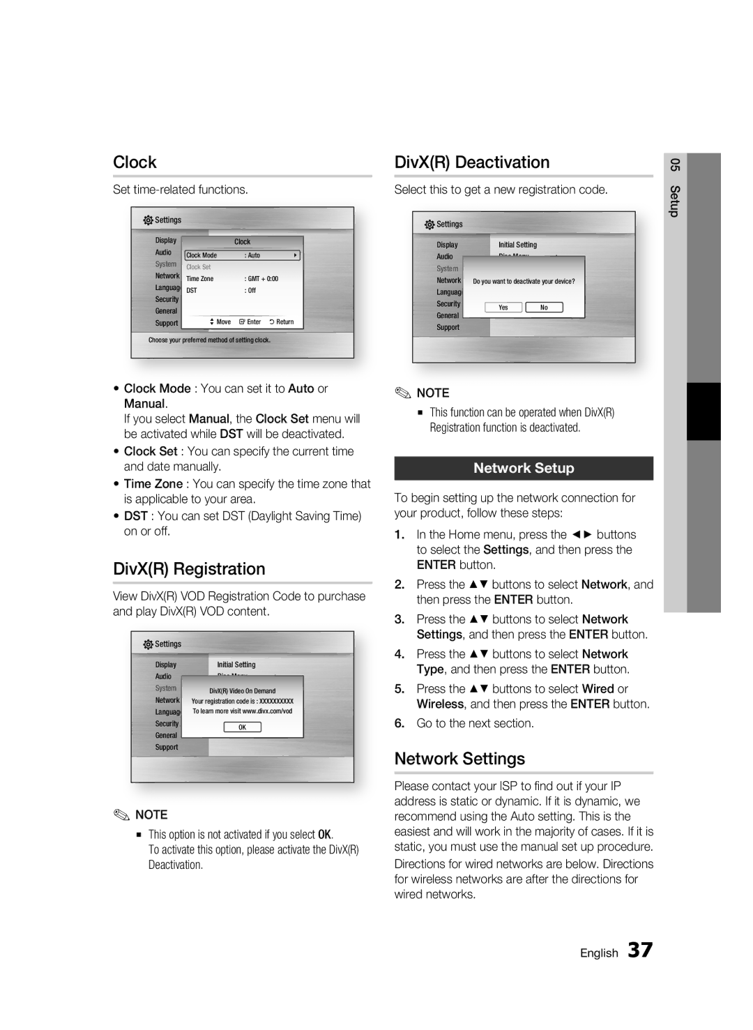 Samsung BD-C6500/XAA, BD-C6500/EDC manual Clock, DivXR Registration, DivXR Deactivation, Network Settings, Network Setup 