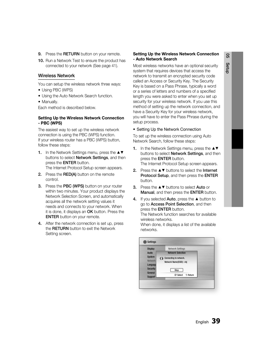 Samsung BD-C6500/XEE manual Wireless Network, Press the Return button on your remote,  Setting Up the Network Connection 