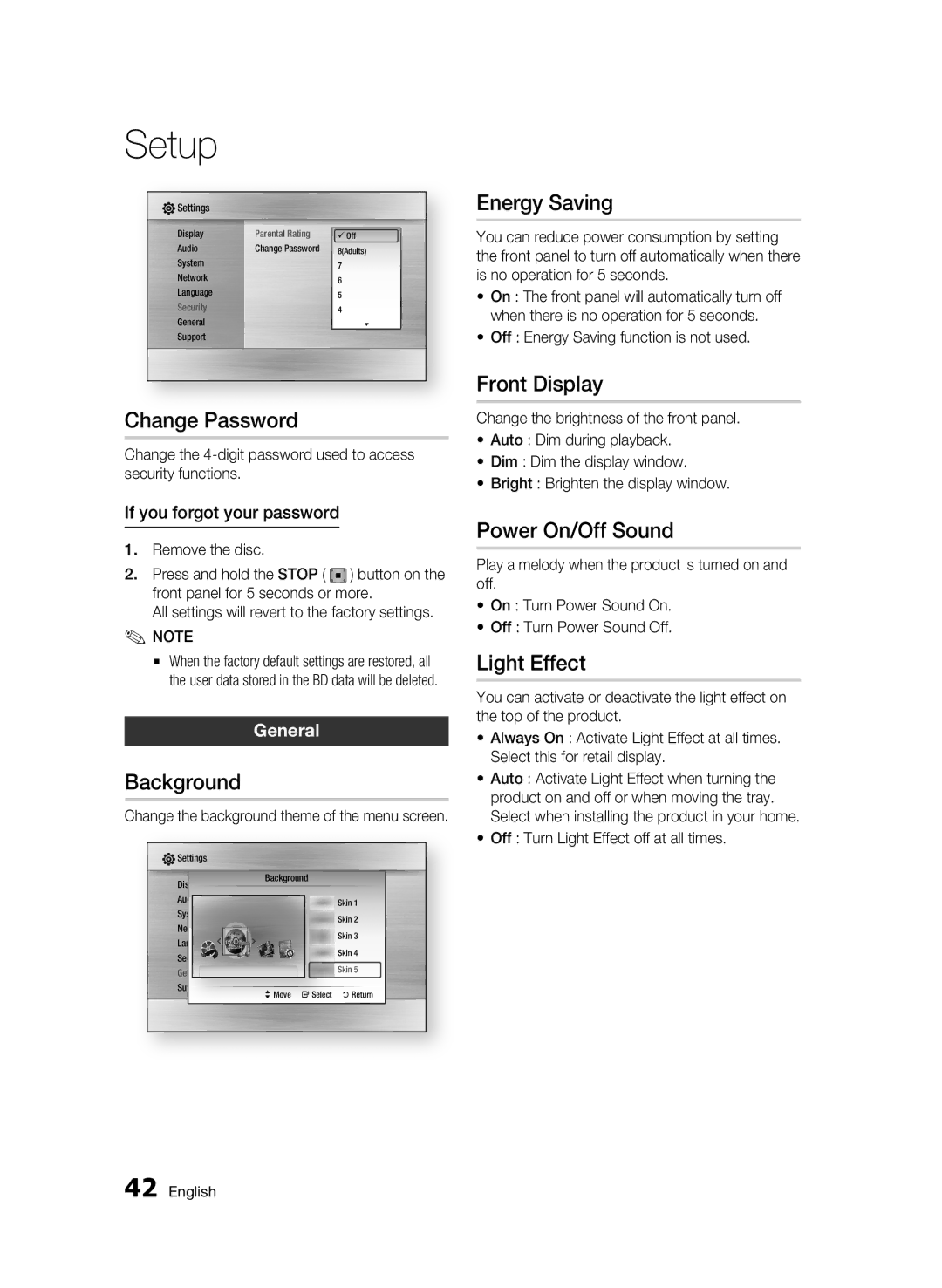 Samsung BD-C6500/XEF manual Change Password, Background, Energy Saving, Front Display, Power On/Off Sound, Light Effect 