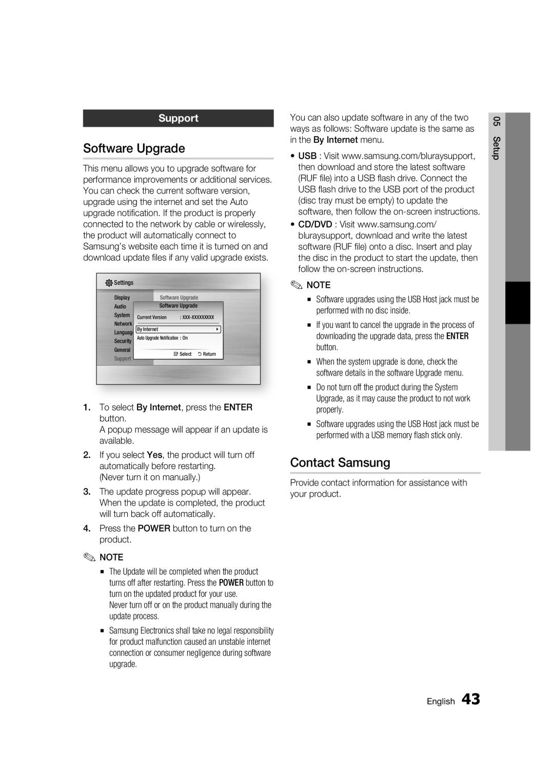 Samsung BD-C6500/XEE, BD-C6500/EDC, BD-C6500/XAA Software Upgrade, Contact Samsung, Support, Never turn it on manually 