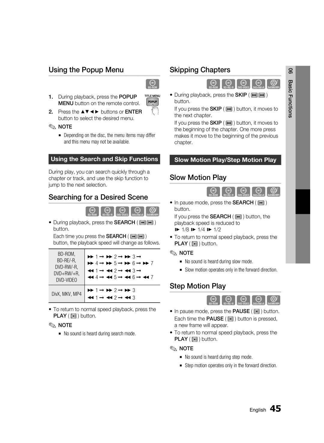 Samsung BD-C6500/XAA manual Using the Popup Menu, Skipping Chapters, Searching for a Desired Scene, Slow Motion Play 