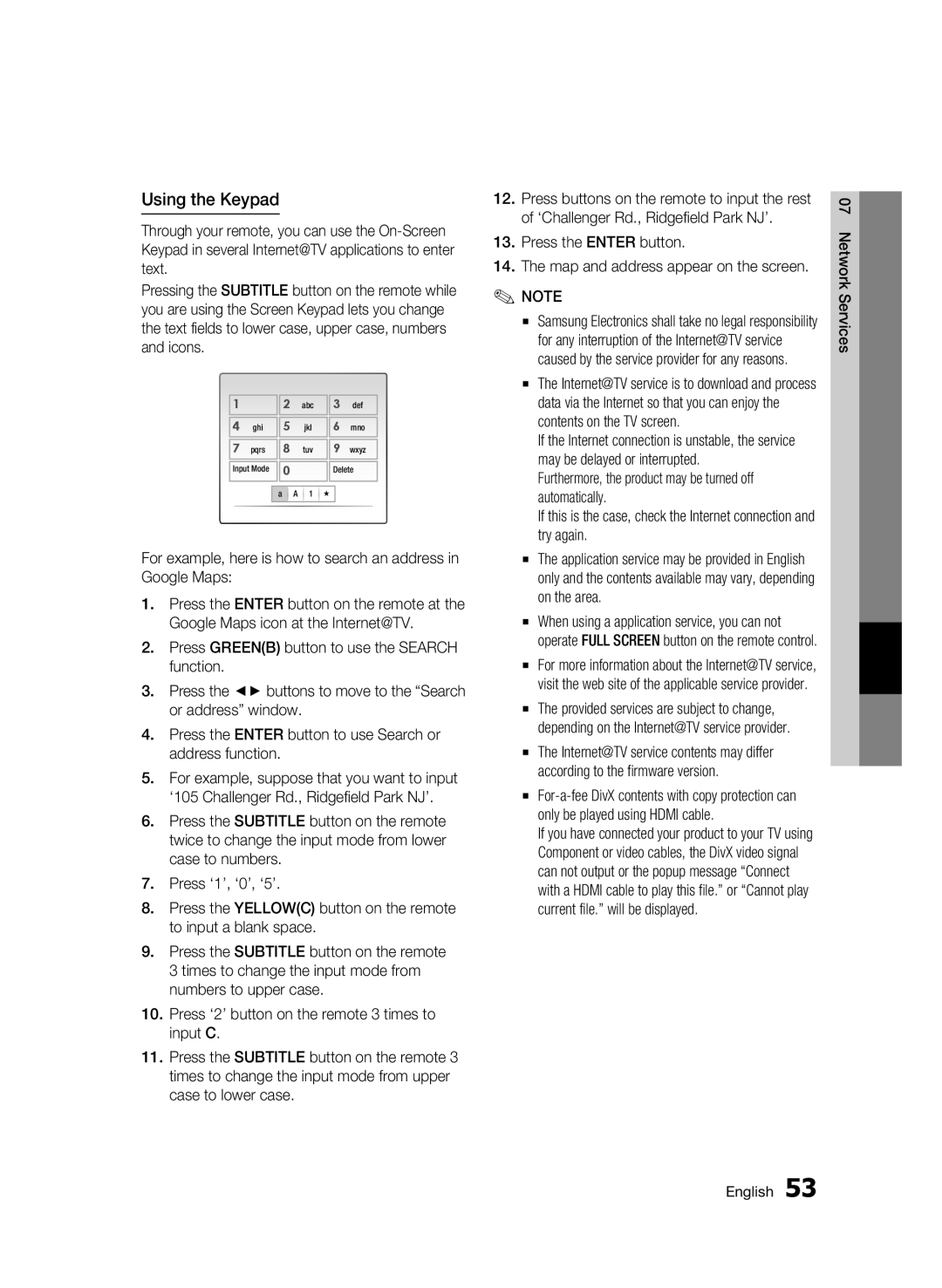 Samsung BD-C6500/XAA, BD-C6500/EDC manual Using the Keypad, Press the Enter button Map and address appear on the screen 