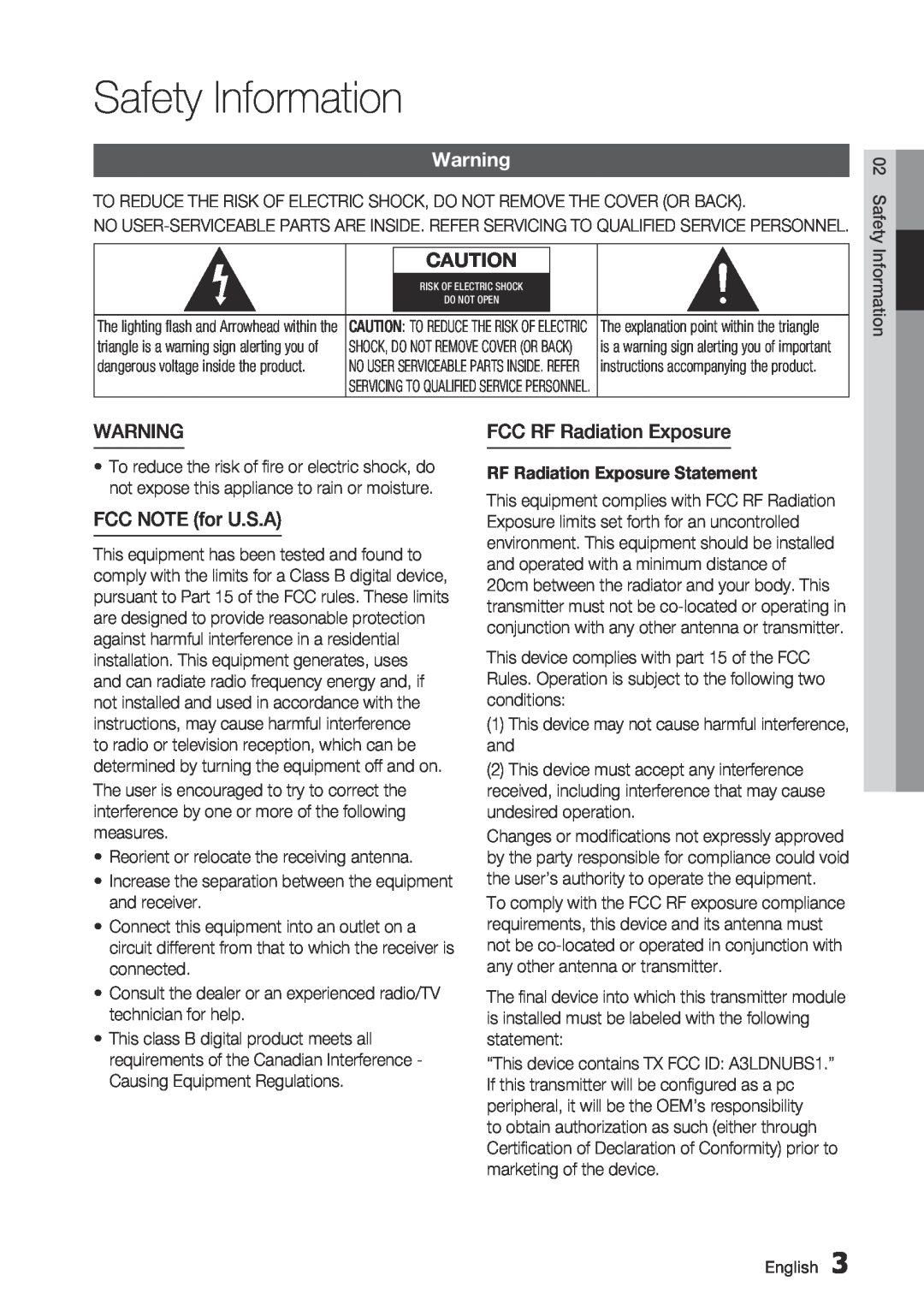 Samsung BD-C6500/XEE Safety Information, FCC NOTE for U.S.A, FCC RF Radiation Exposure, RF Radiation Exposure Statement 