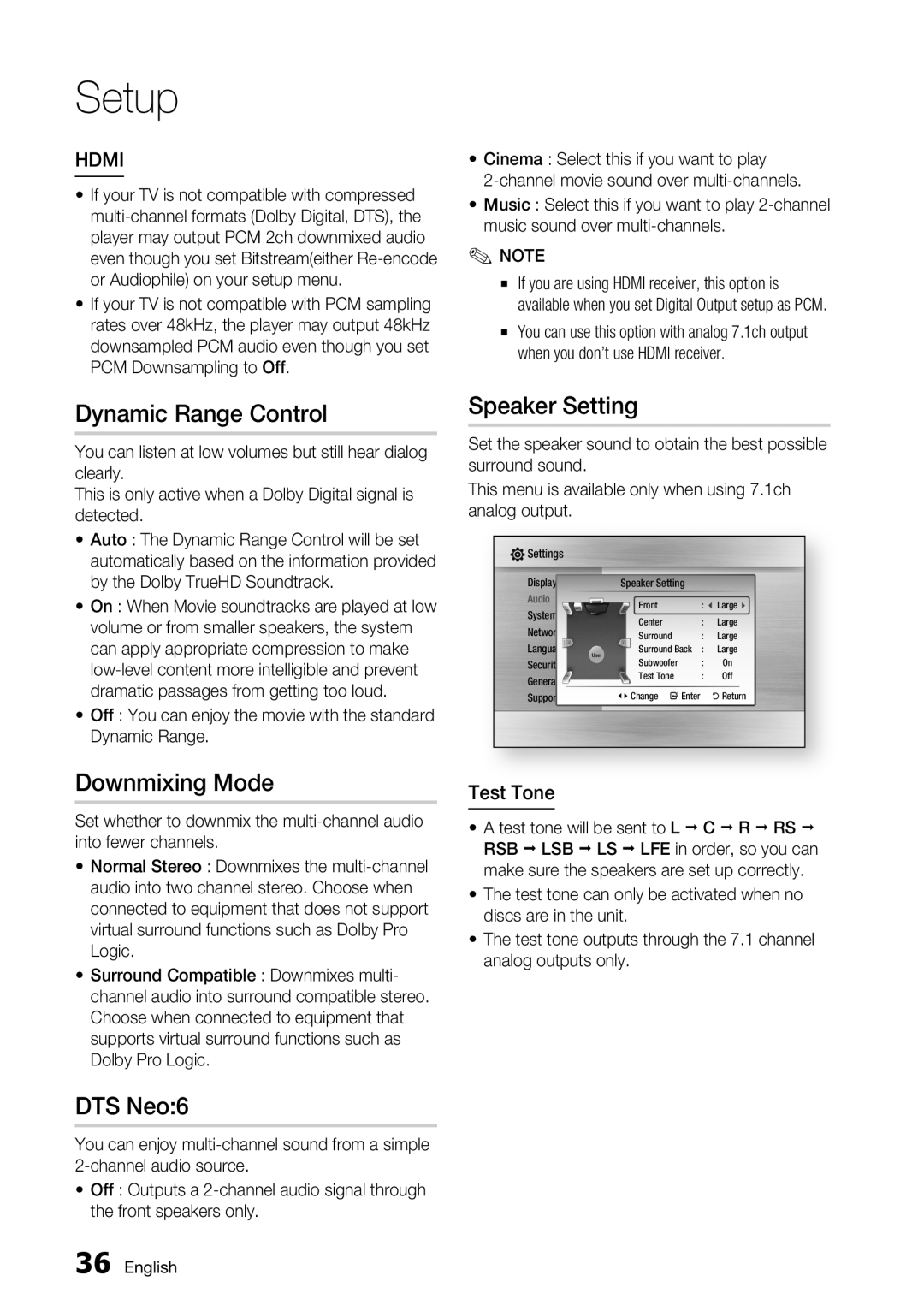 Samsung BD-C6500/EDC manual Dynamic Range Control, Downmixing Mode, DTS Neo6, Speaker Setting, Hdmi, Test Tone, Setup 