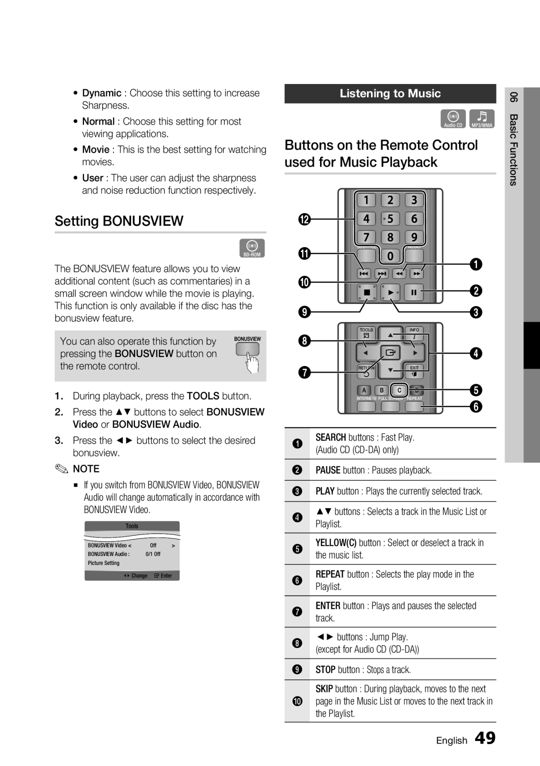 Samsung BD-C6500/XAA manual Setting BONUSVIEW, Buttons on the Remote Control used for Music Playback, Listening to Music 