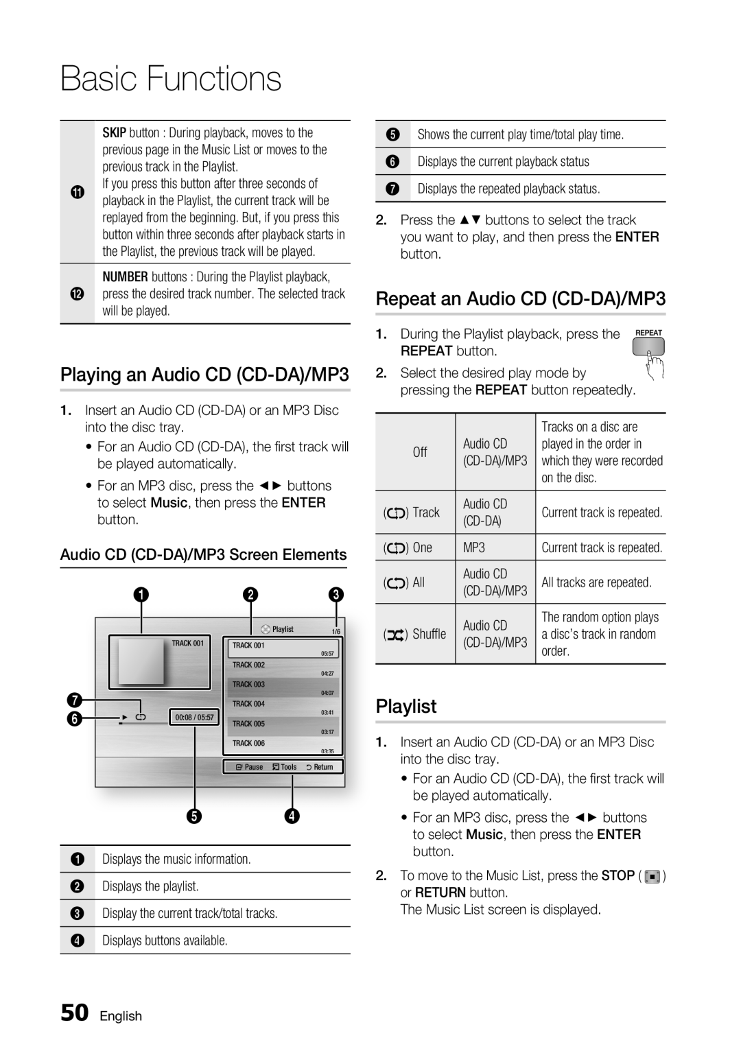 Samsung BD-C6500/XEF, BD-C6500/EDC Playing an Audio CD CD-DA/MP3, Repeat an Audio CD CD-DA/MP3, Playlist, Basic Functions 