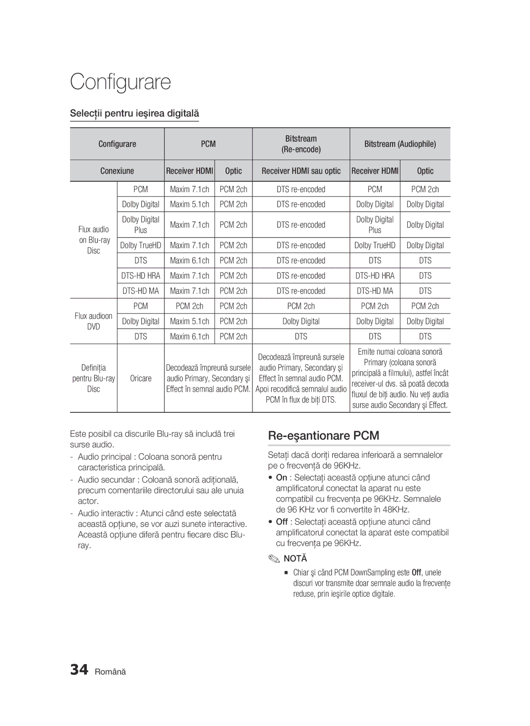 Samsung BD-C6500/EDC manual Re-eşantionare PCM, Selecţii pentru ieşirea digitală, 34 Română, Bitstream Audiophile 