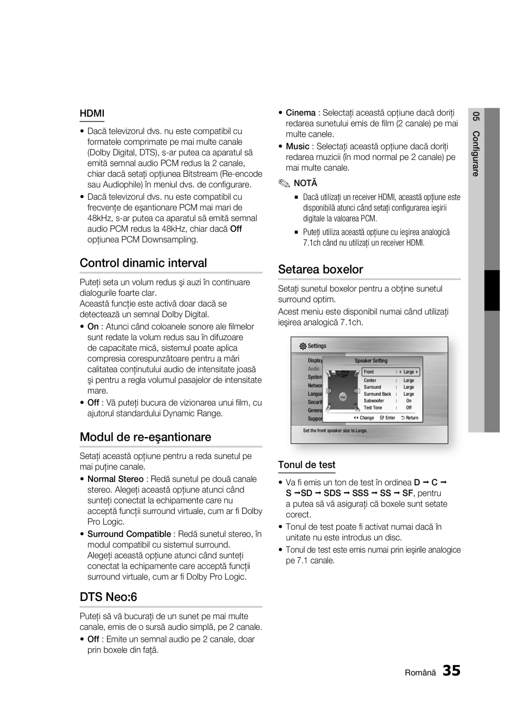 Samsung BD-C6500/EDC manual Control dinamic interval, Modul de re-eşantionare, Setarea boxelor, Tonul de test, Configurare 