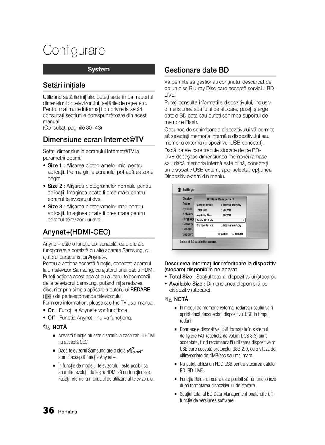 Samsung BD-C6500/EDC manual Setări iniţiale, Dimensiune ecran Internet@TV, Anynet+HDMI-CEC, Gestionare date BD, System 