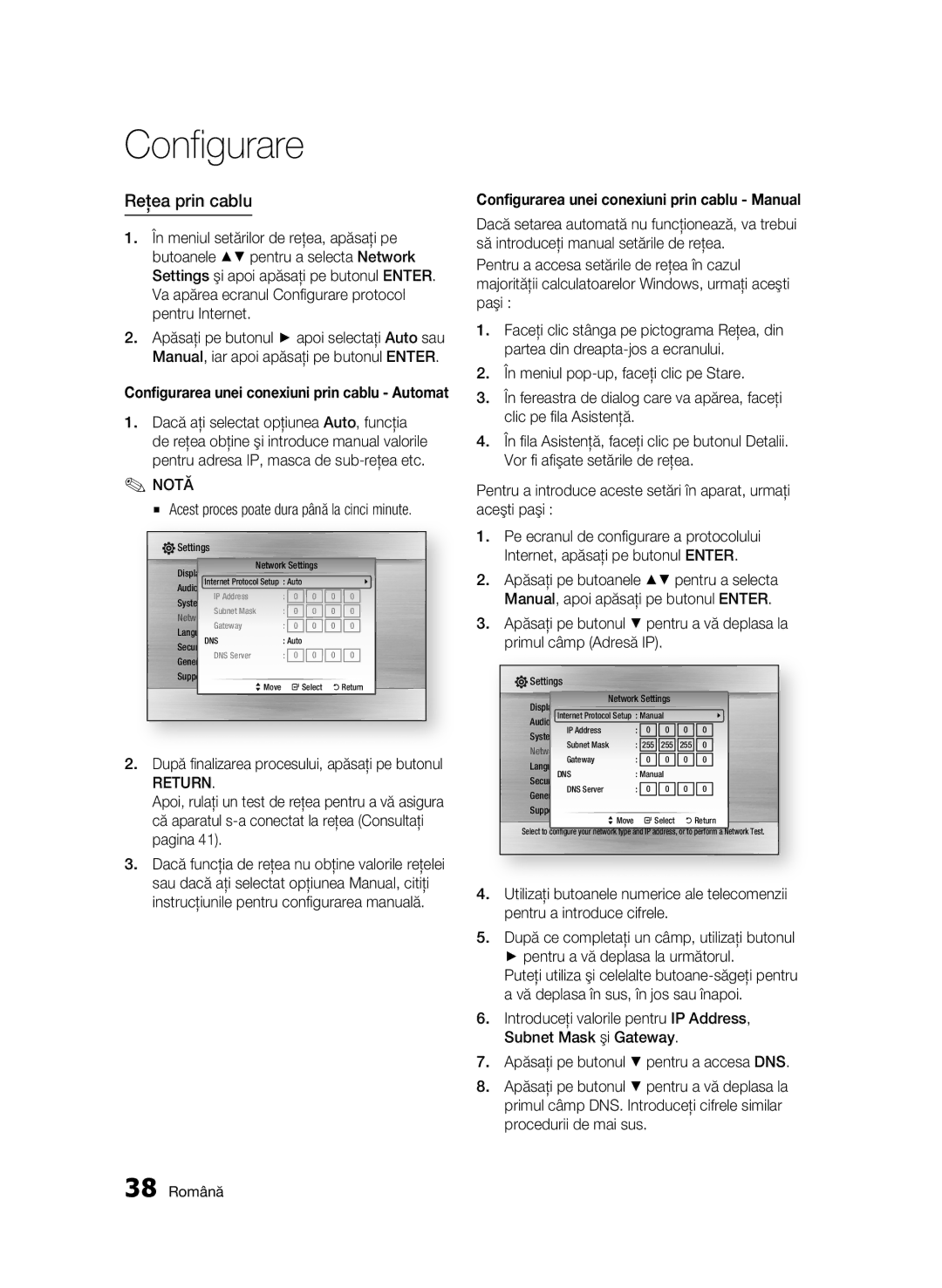 Samsung BD-C6500/EDC manual Reţea prin cablu, Return, Configurarea unei conexiuni prin cablu Manual, 38 Română 