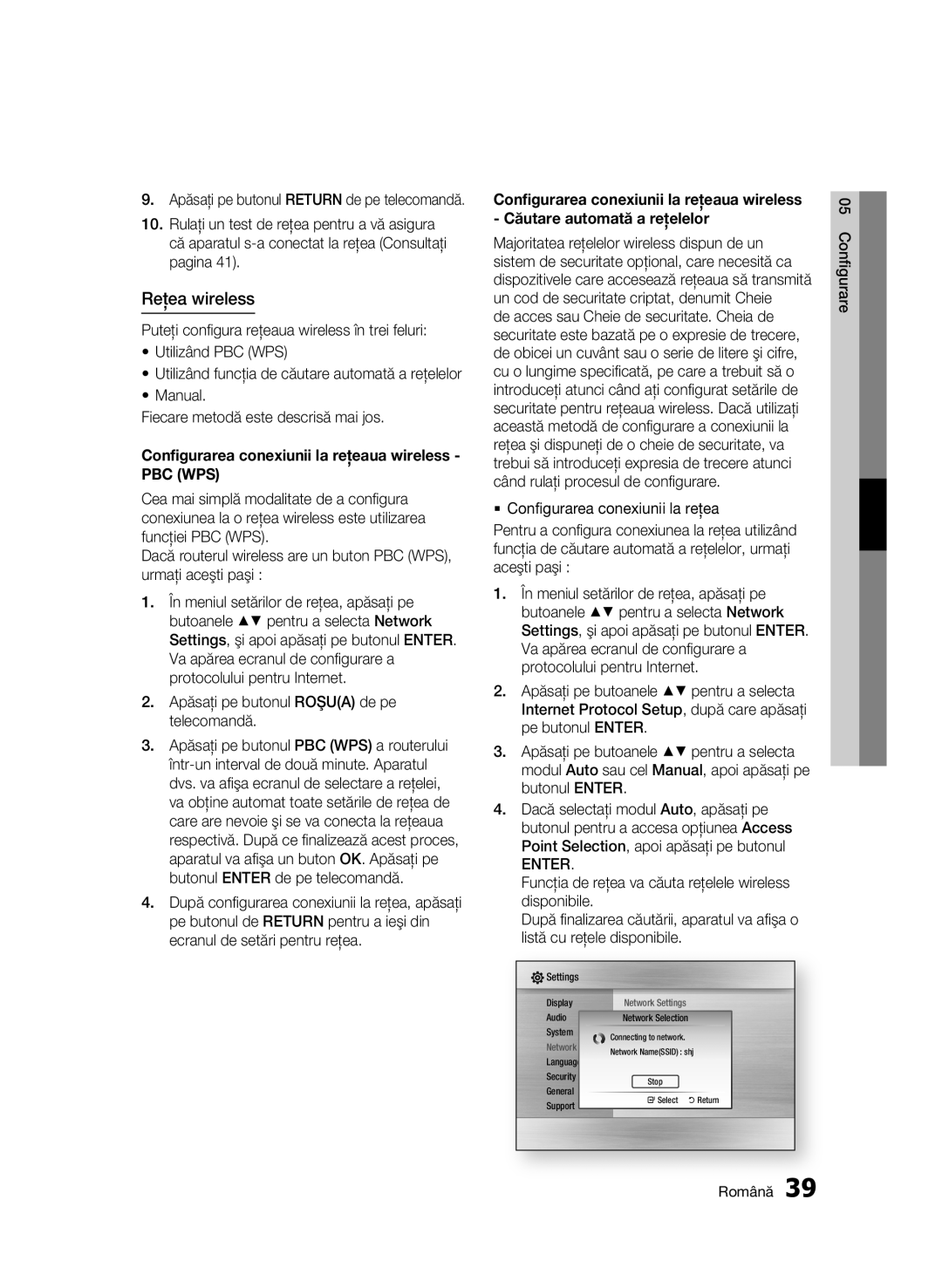 Samsung BD-C6500/EDC manual Reţea wireless, Configurarea conexiunii la reţeaua wireless PBC WPS 