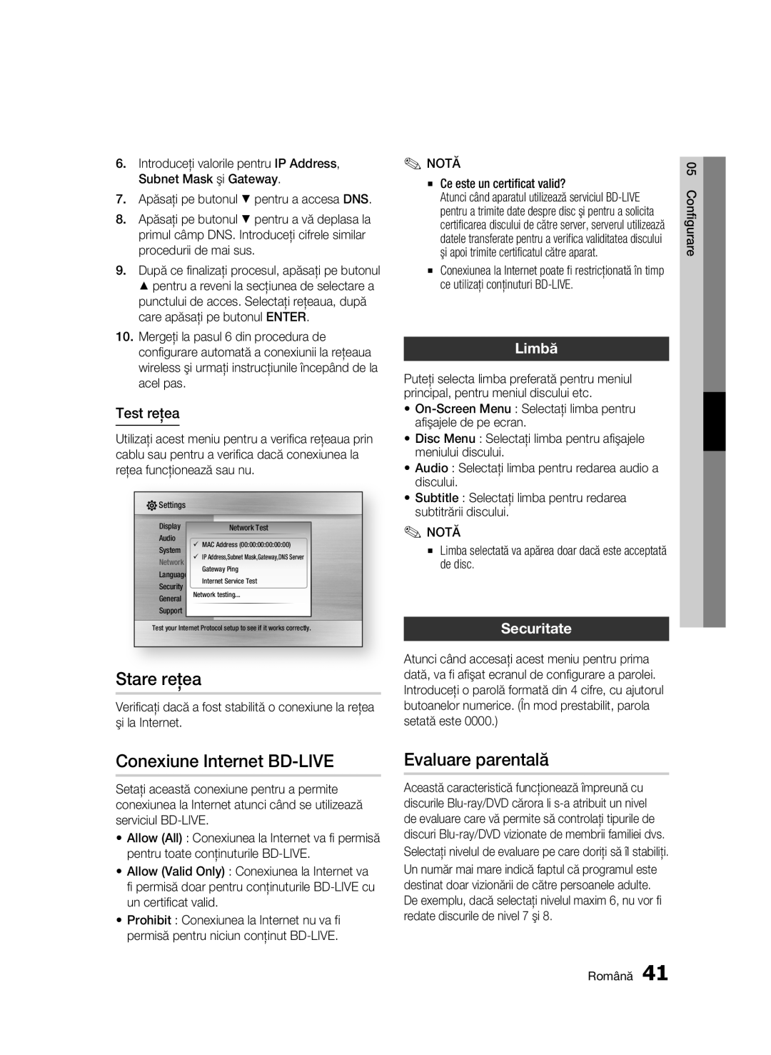 Samsung BD-C6500/EDC manual Stare reţea, Conexiune Internet BD-LIVE, Evaluare parentală, Limbă, Securitate 