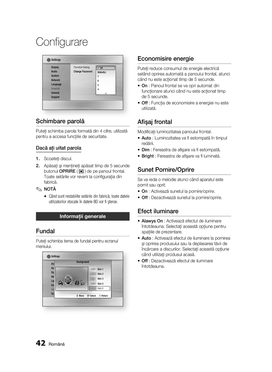 Samsung BD-C6500/EDC Schimbare parolă, Fundal, Economisire energie, Afişaj frontal, Sunet Pornire/Oprire, Efect iluminare 