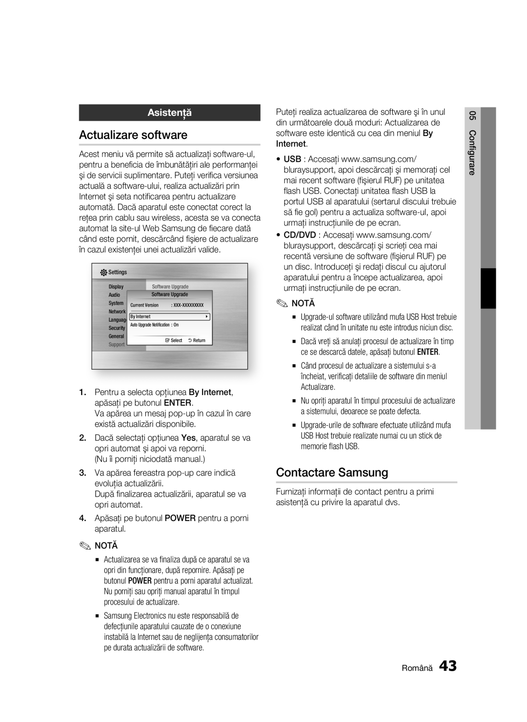 Samsung BD-C6500/EDC manual Actualizare software, Contactare Samsung, Asistenţă 