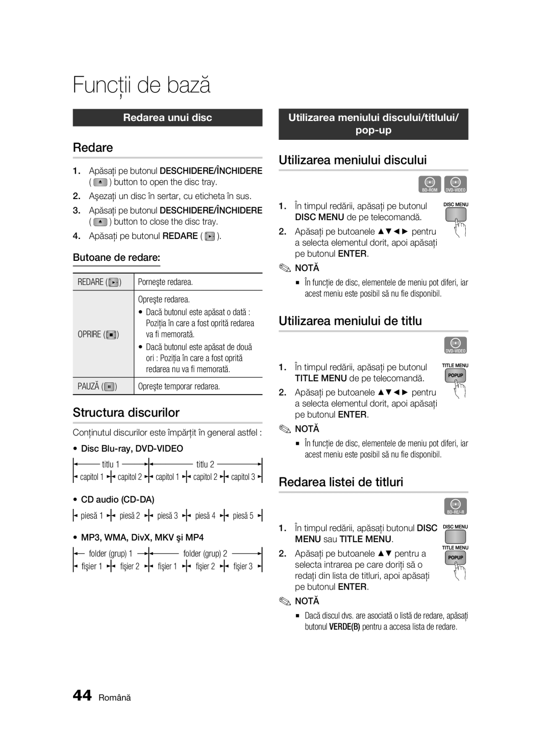 Samsung BD-C6500/EDC manual Funcţii de bază 