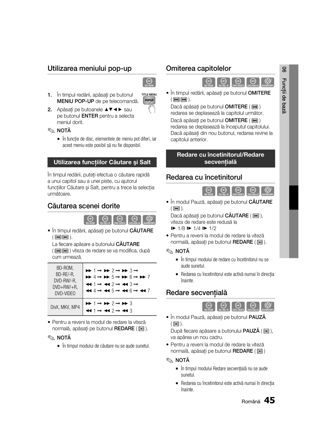 Samsung BD-C6500/EDC Utilizarea meniului pop-up, Căutarea scenei dorite, Omiterea capitolelor, Redarea cu încetinitorul 