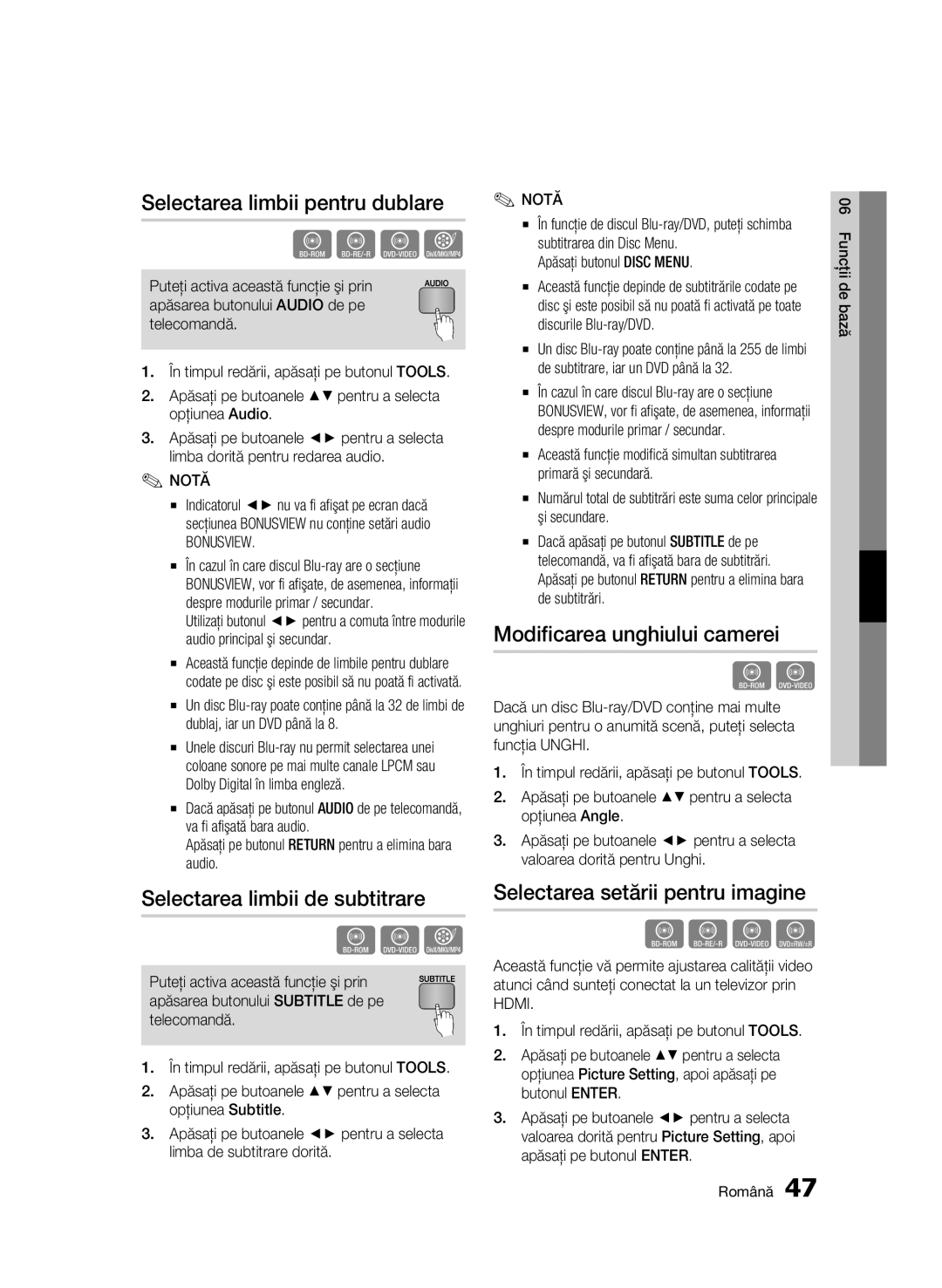 Samsung BD-C6500/EDC Selectarea limbii pentru dublare, Selectarea limbii de subtitrare, Modificarea unghiului camerei 