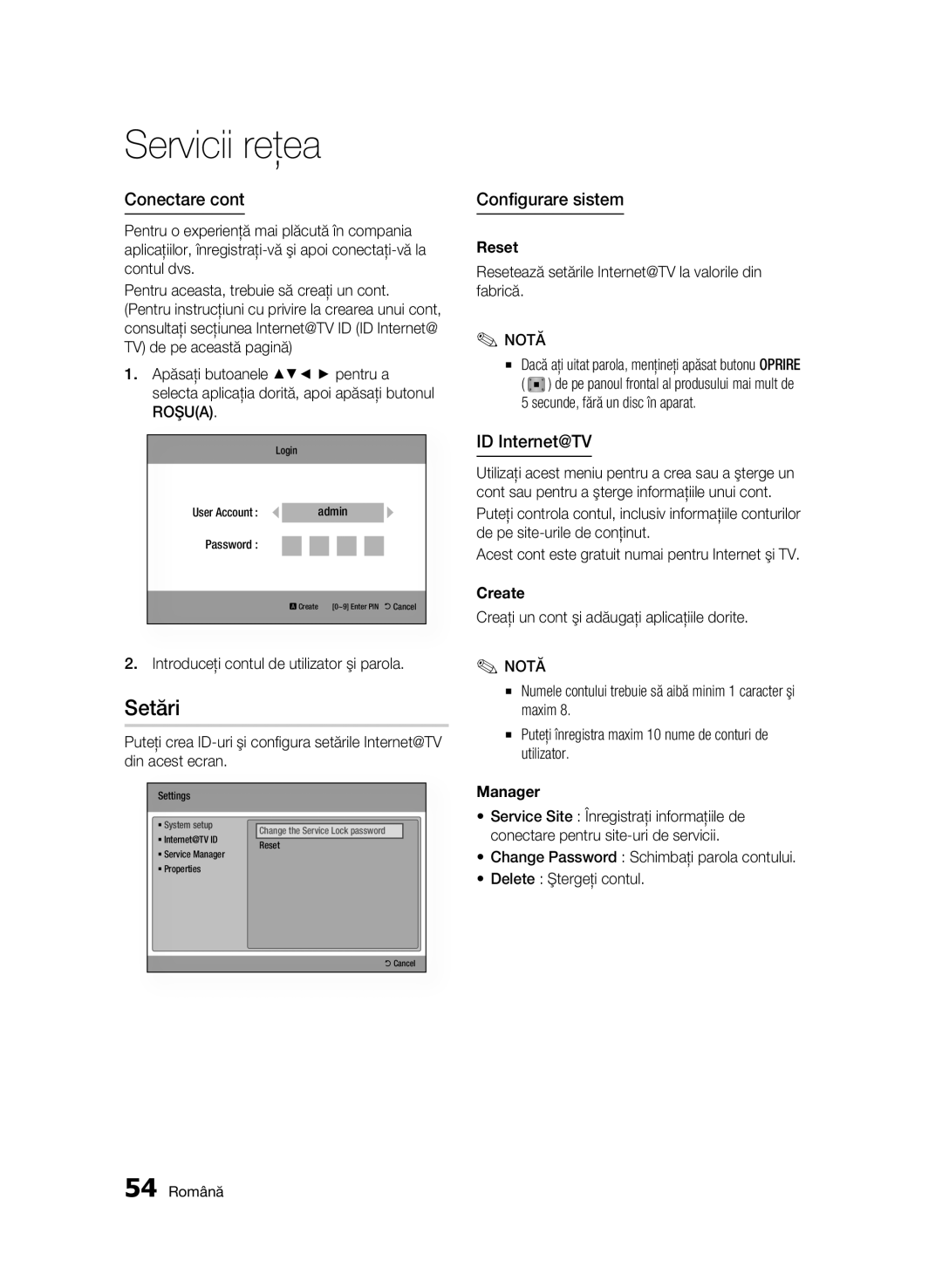 Samsung BD-C6500/EDC manual Setări, Conectare, Configurare sistem, ID Internet@TV 