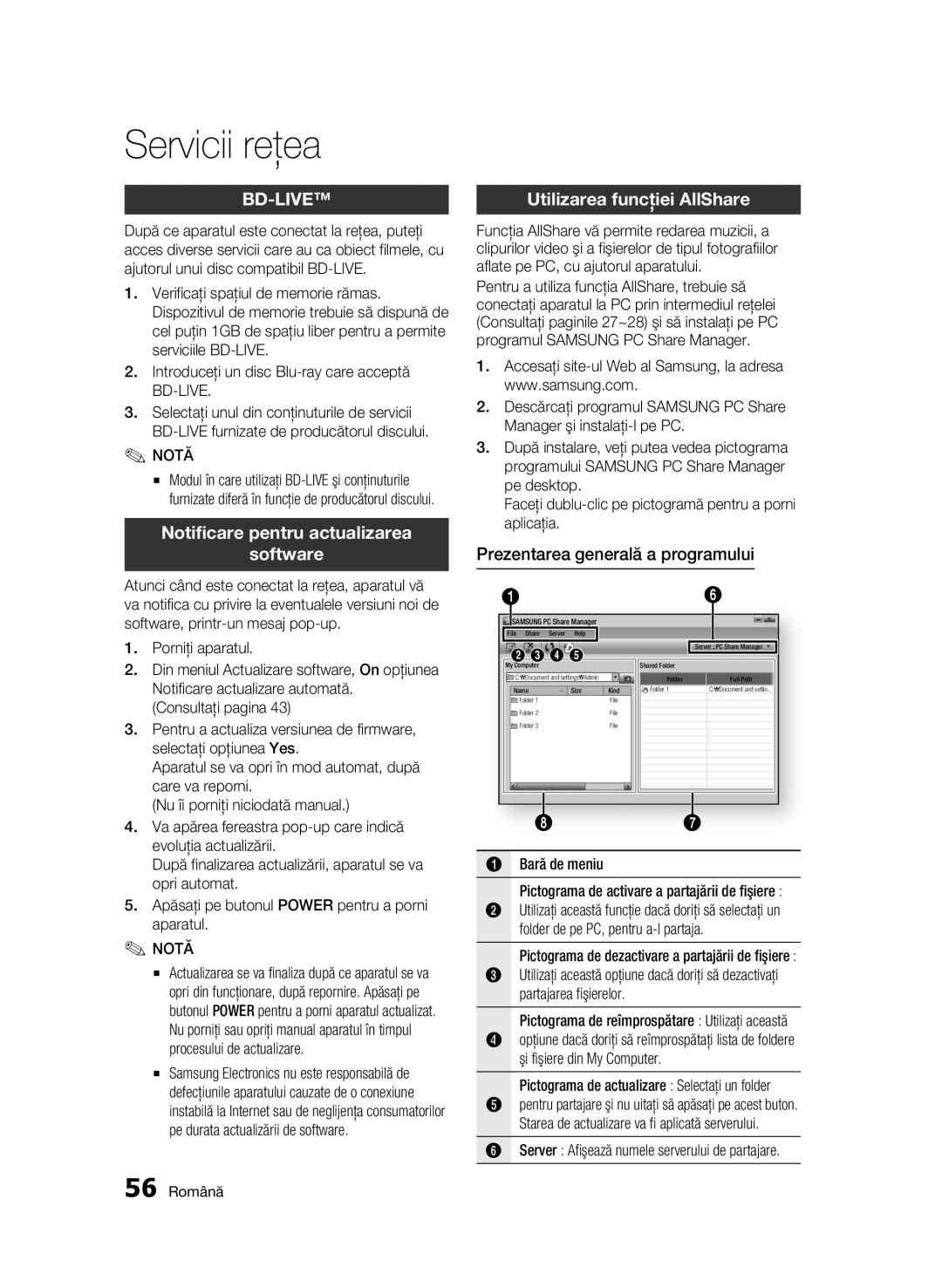 Samsung BD-C6500/EDC manual Notificare pentru actualizarea Software, Utilizarea funcţiei AllShare 