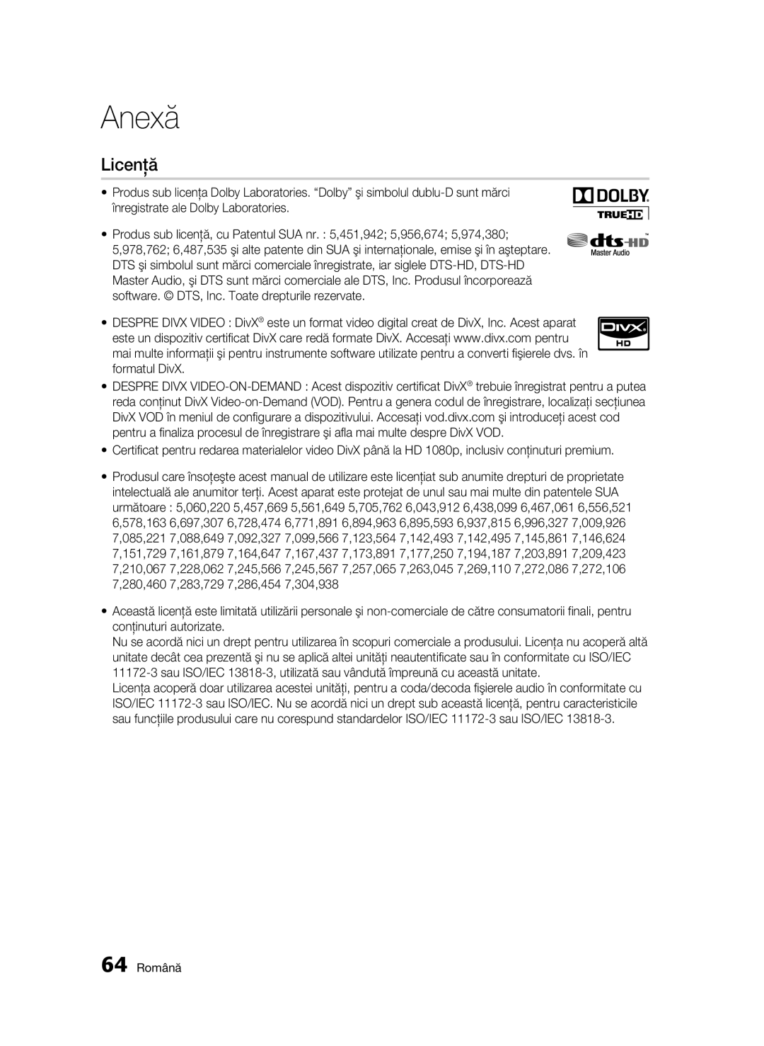 Samsung BD-C6500/EDC manual Licenţă, 64 Română 