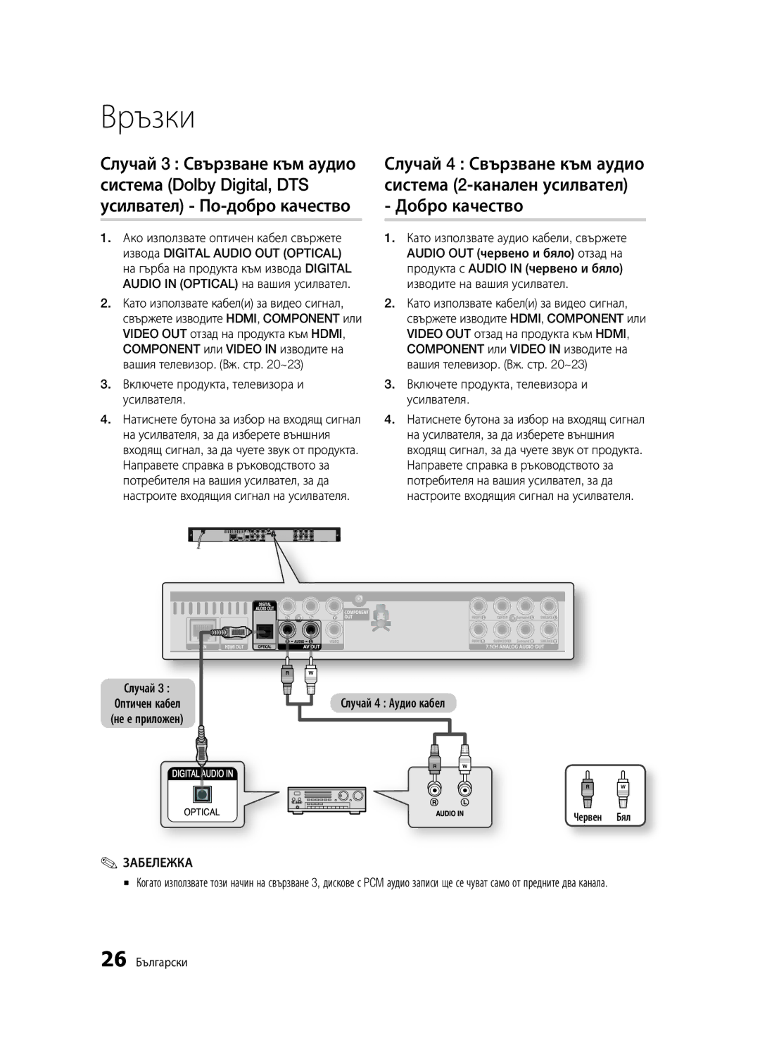 Samsung BD-C6500/EDC manual Случай 4 Аудио кабел, 26 Български 