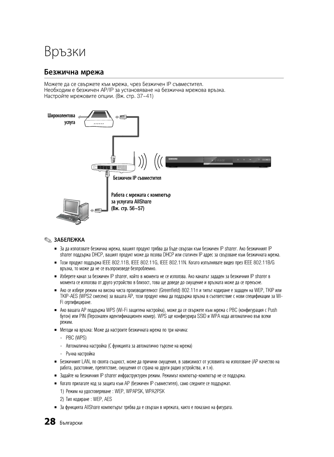 Samsung BD-C6500/EDC manual Безжична мрежа, Широколентова Услуга Безжичен IP съвместител, Pbc Wps, Тип кодиране WEP, AES 