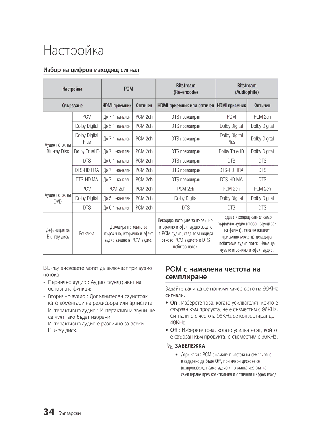 Samsung BD-C6500/EDC manual PCM с намалена честота на семплиране, Избор на цифров изходящ сигнал, Bitstream, 34 Български 