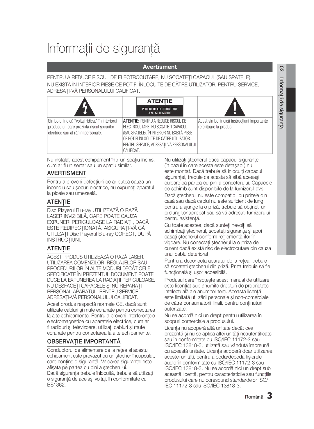 Samsung BD-C6500/EDC manual Informaţii de siguranţă, Avertisment, Referitoare la produs, Română  