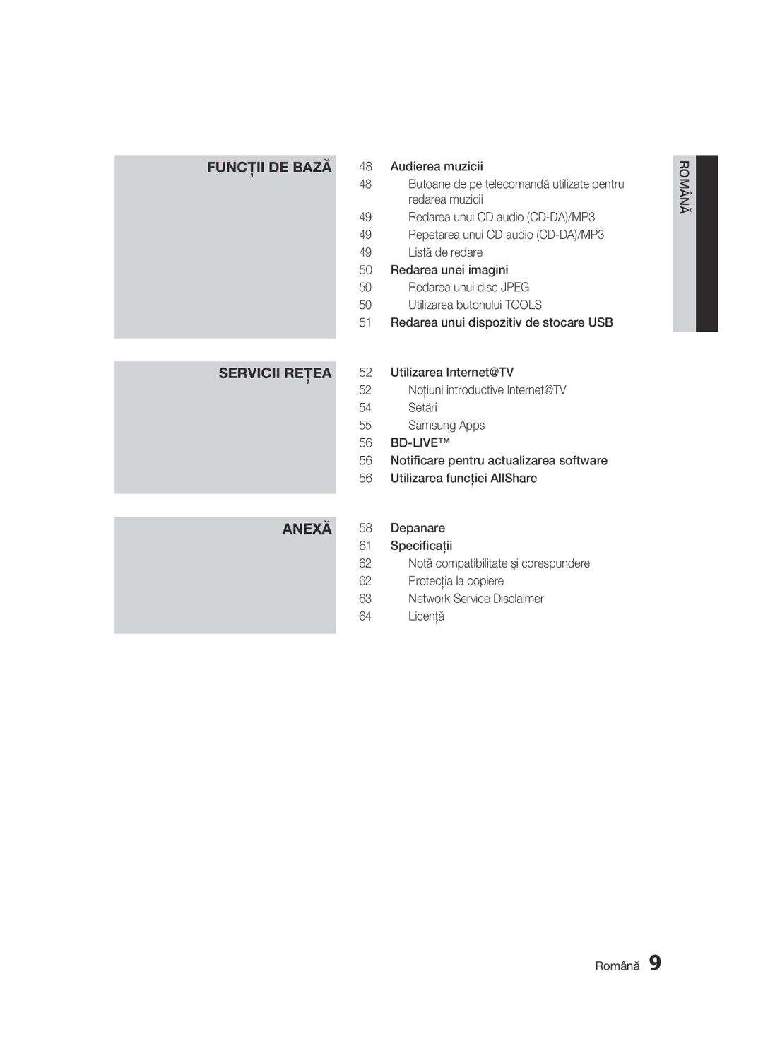 Samsung BD-C6500/EDC manual Utilizarea Internet@TV, Noţiuni introductive Internet@TV, Setări, Utilizarea funcţiei AllShare 