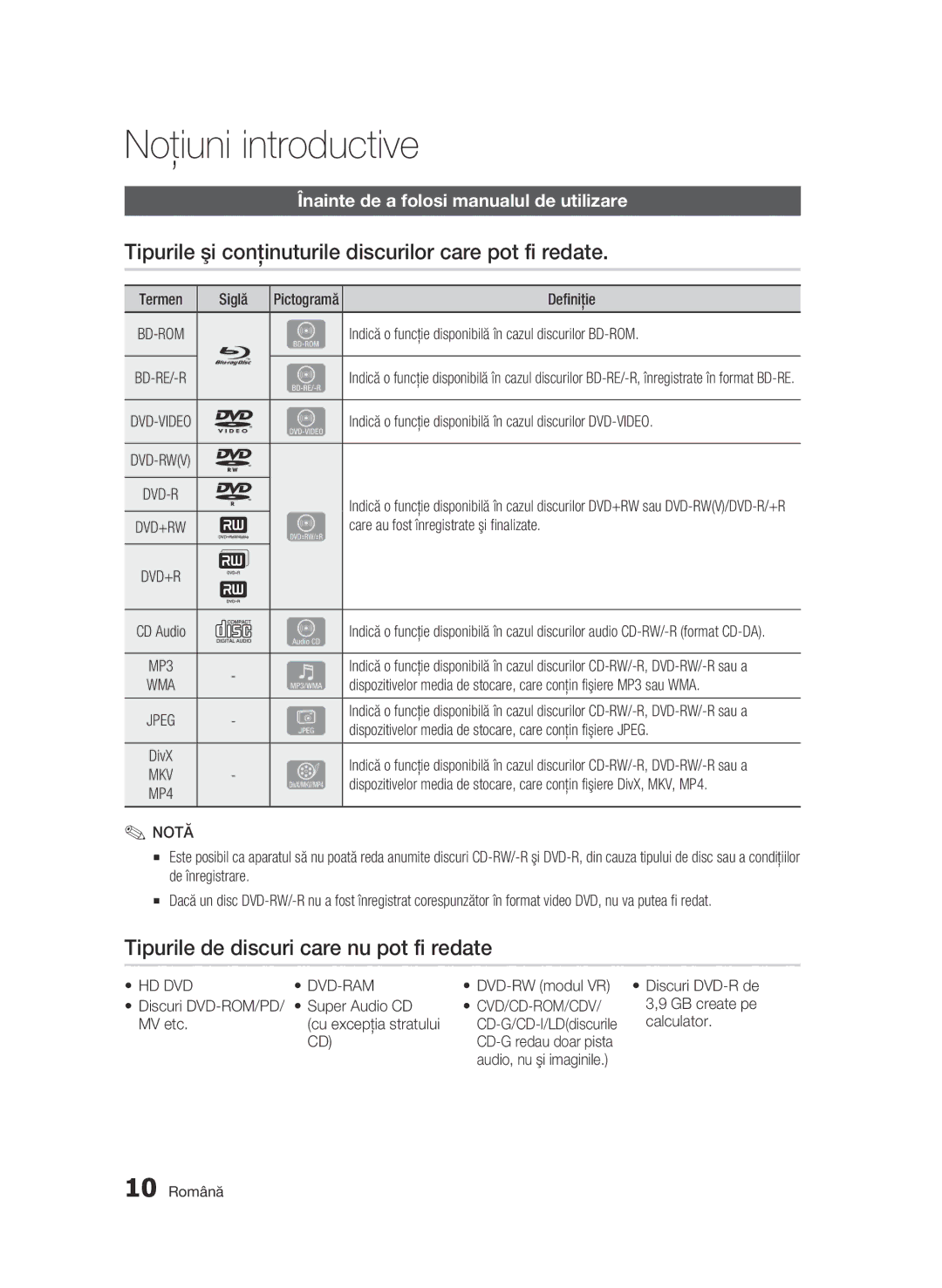 Samsung BD-C6500/EDC manual Noţiuni introductive, Tipurile şi conţinuturile discurilor care pot fi redate 