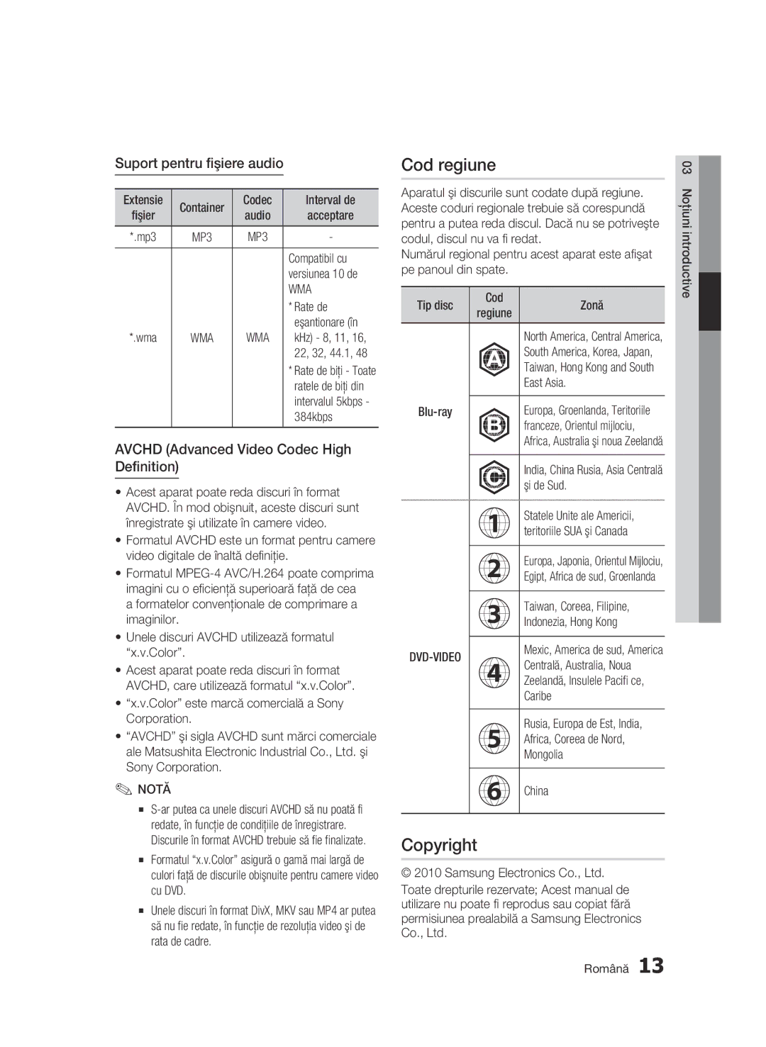 Samsung BD-C6500/EDC manual Cod regiune, Copyright, Suport pentru fişiere audio, Avchd Advanced Video Codec High Definition 