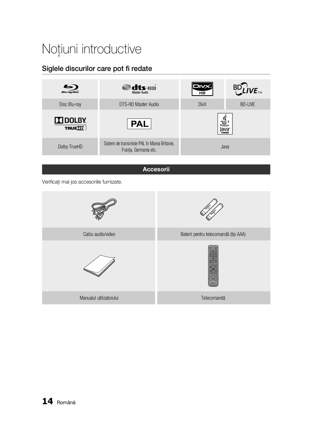 Samsung BD-C6500/EDC manual Siglele discurilor care pot fi redate, Accesorii, Disc Blu-ray Dolby TrueHD DTS-HD Master Audio 