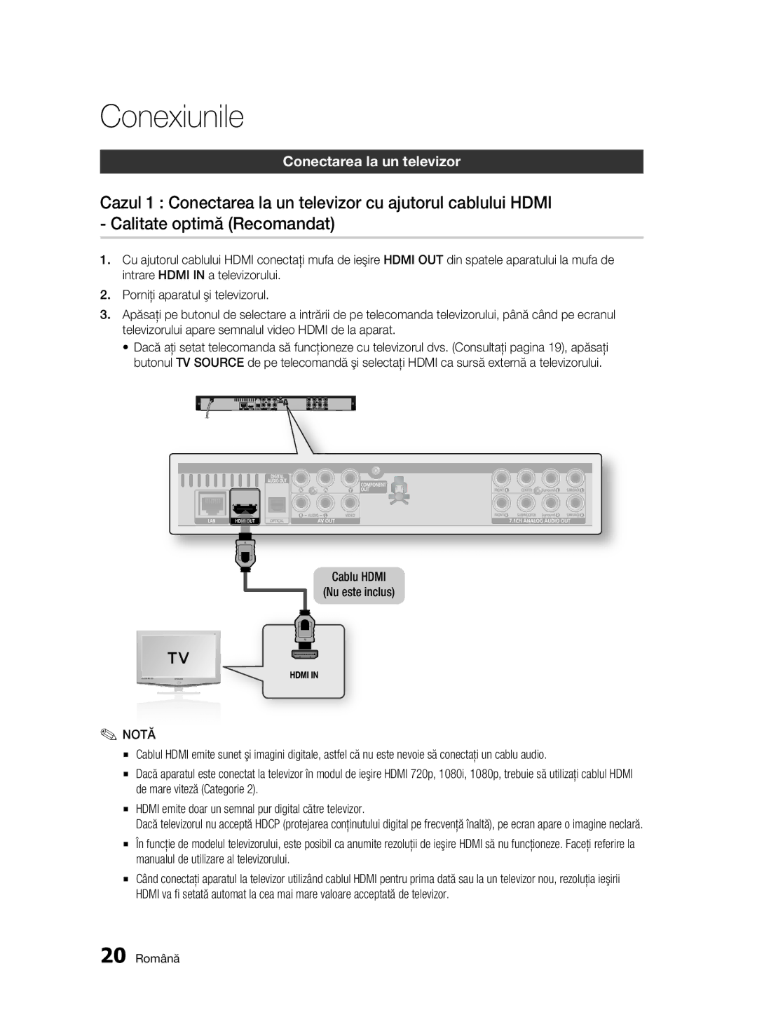 Samsung BD-C6500/EDC manual Conexiunile, Conectarea la un televizor, Cablu Hdmi Nu este inclus, 20 Română 