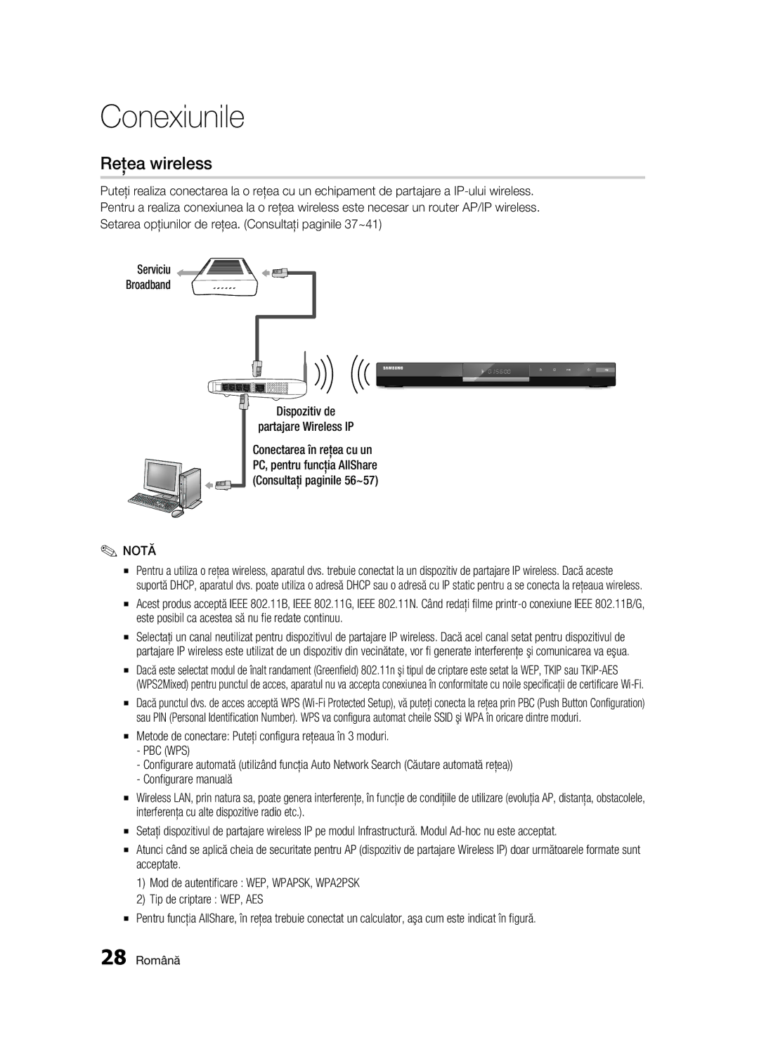 Samsung BD-C6500/EDC manual Reţea wireless, Metode de conectare Puteţi configura reţeaua în 3 moduri, 28 Română 