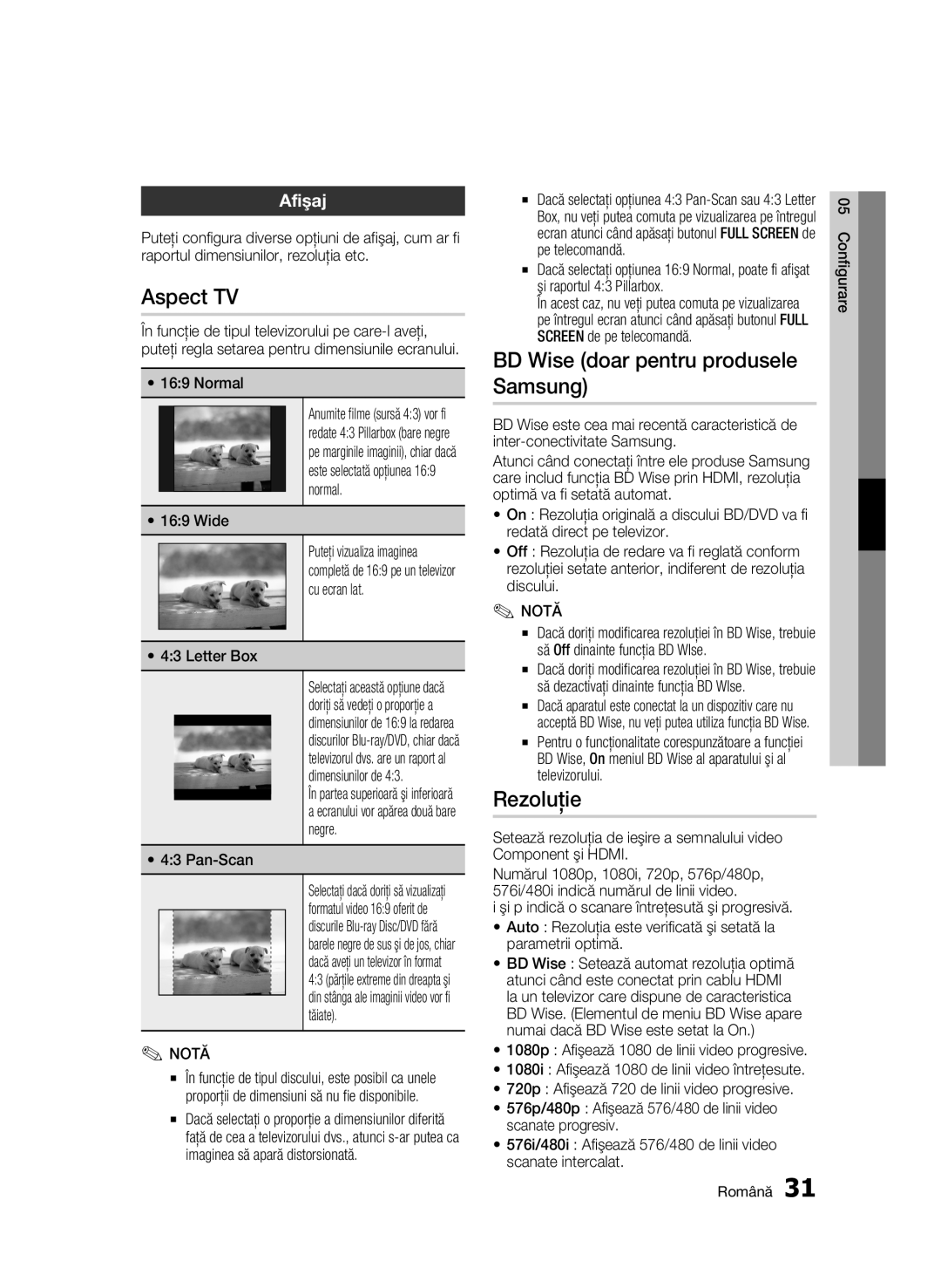 Samsung BD-C6500/EDC manual Aspect TV, BD Wise doar pentru produsele Samsung, Rezoluţie, Afişaj 