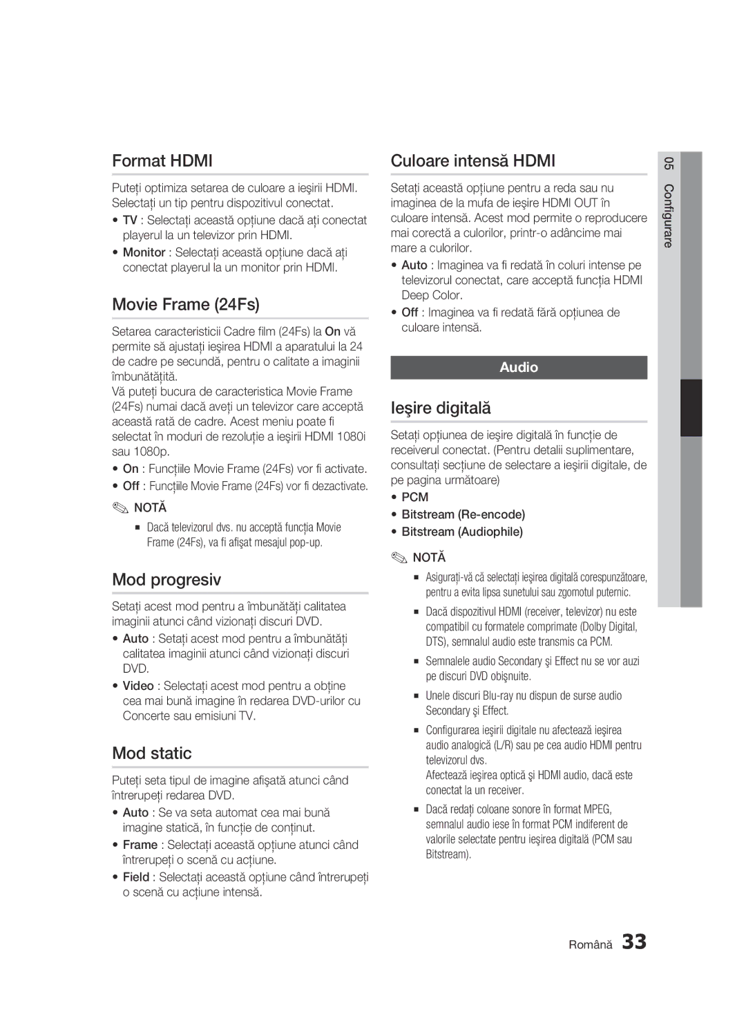 Samsung BD-C6500/EDC manual Format Hdmi, Movie Frame 24Fs, Mod progresiv, Mod static, Culoare intensă Hdmi, Ieşire digitală 