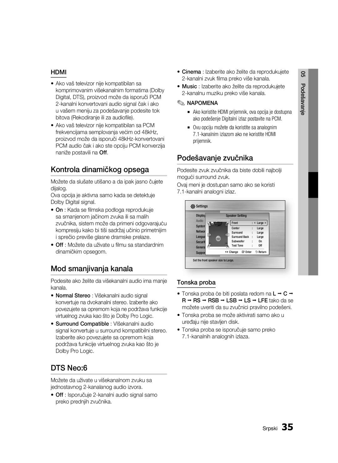 Samsung BD-C6500/EDC manual Podešavanje zvučnika, Kontrola dinamičkog opsega, Mod smanjivanja kanala, Tonska proba 