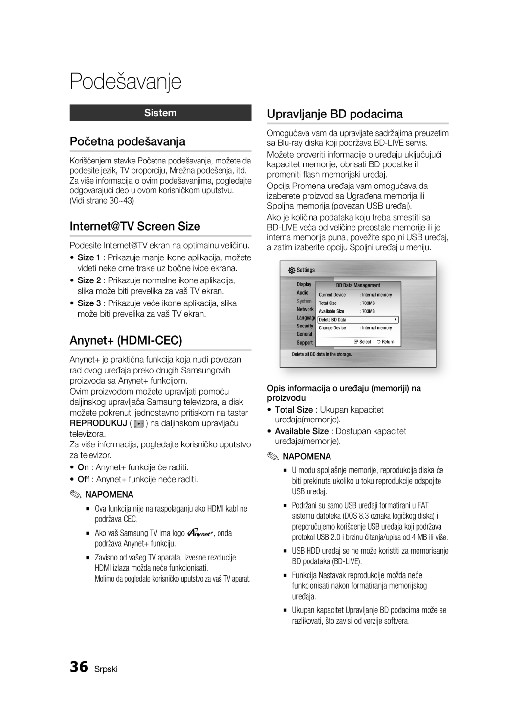 Samsung BD-C6500/EDC manual Početna podešavanja, Internet@TV Screen Size, Anynet+ HDMI-CEC, Sistem, Vidi strane 30~43 