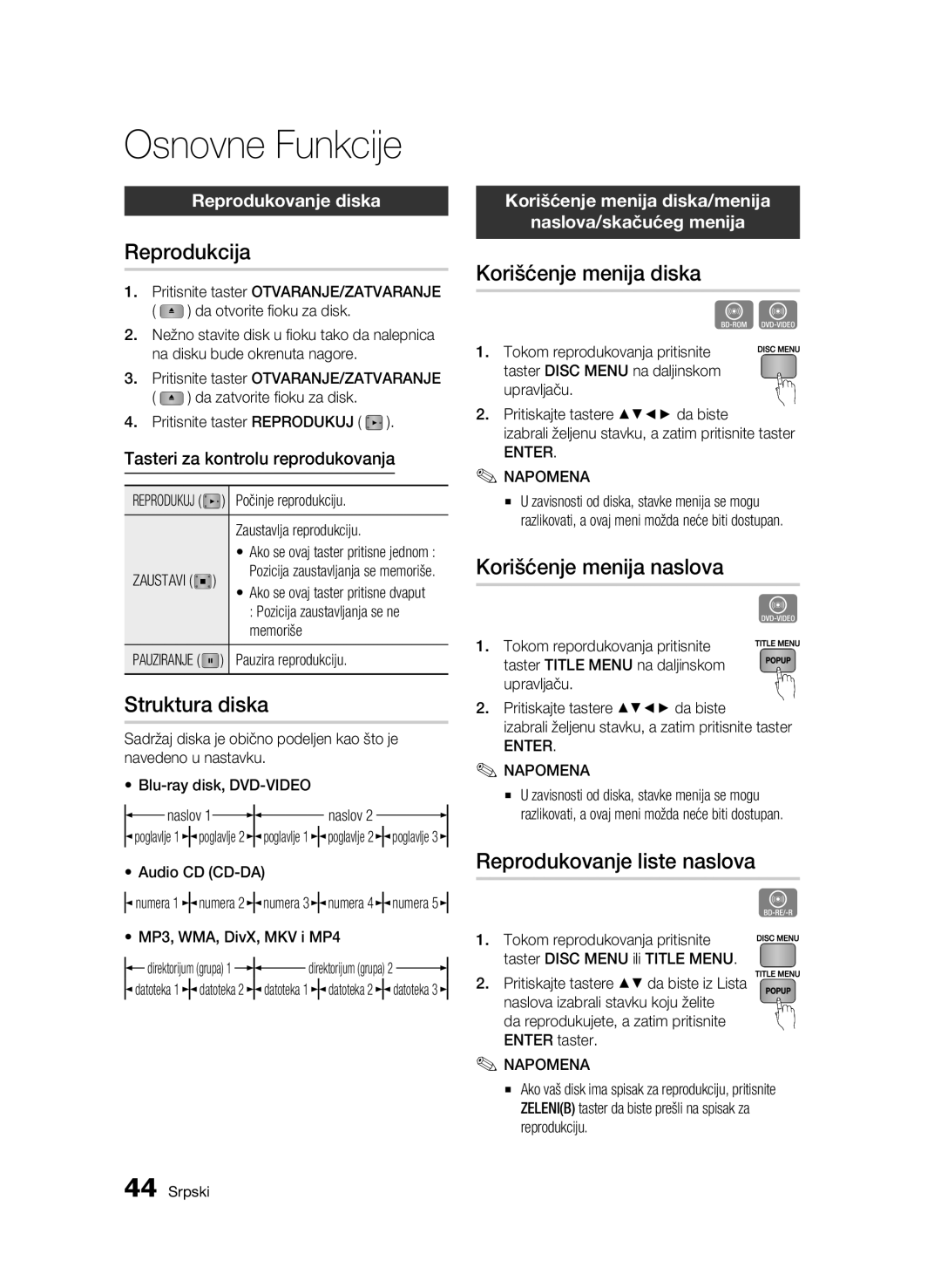 Samsung BD-C6500/EDC manual Korišćenje menija diska, Korišćenje menija naslova, Reprodukovanje liste naslova 