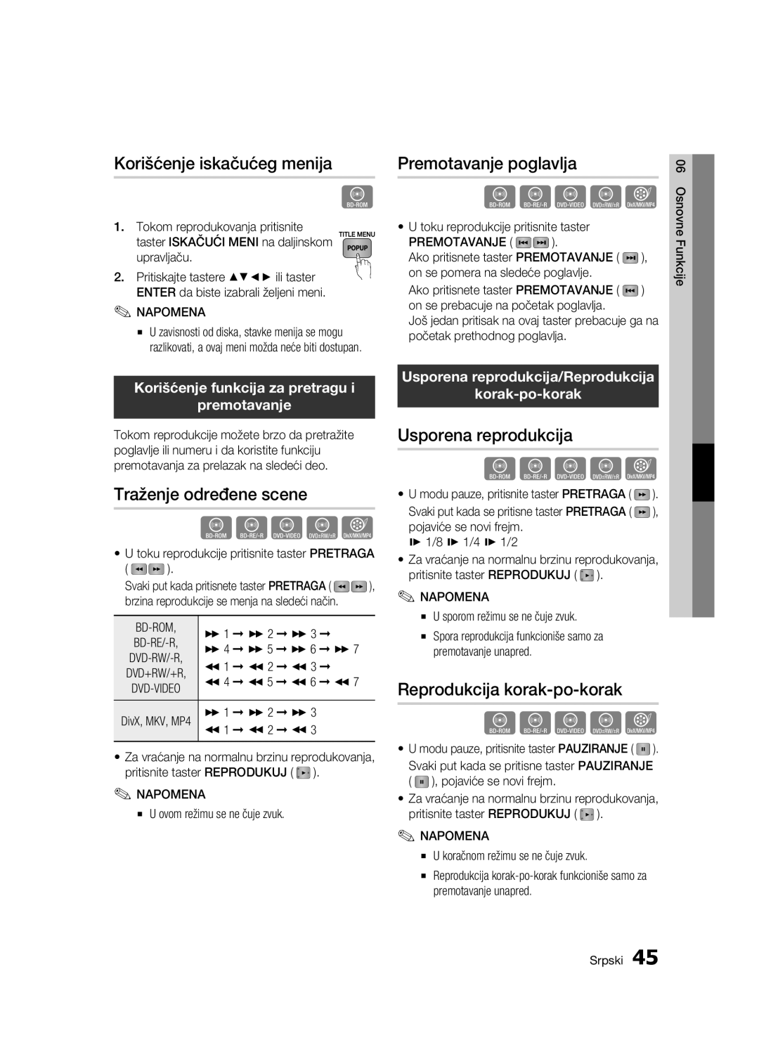 Samsung BD-C6500/EDC manual Korišćenje iskačućeg menija, Traženje određene scene, Premotavanje poglavlja 