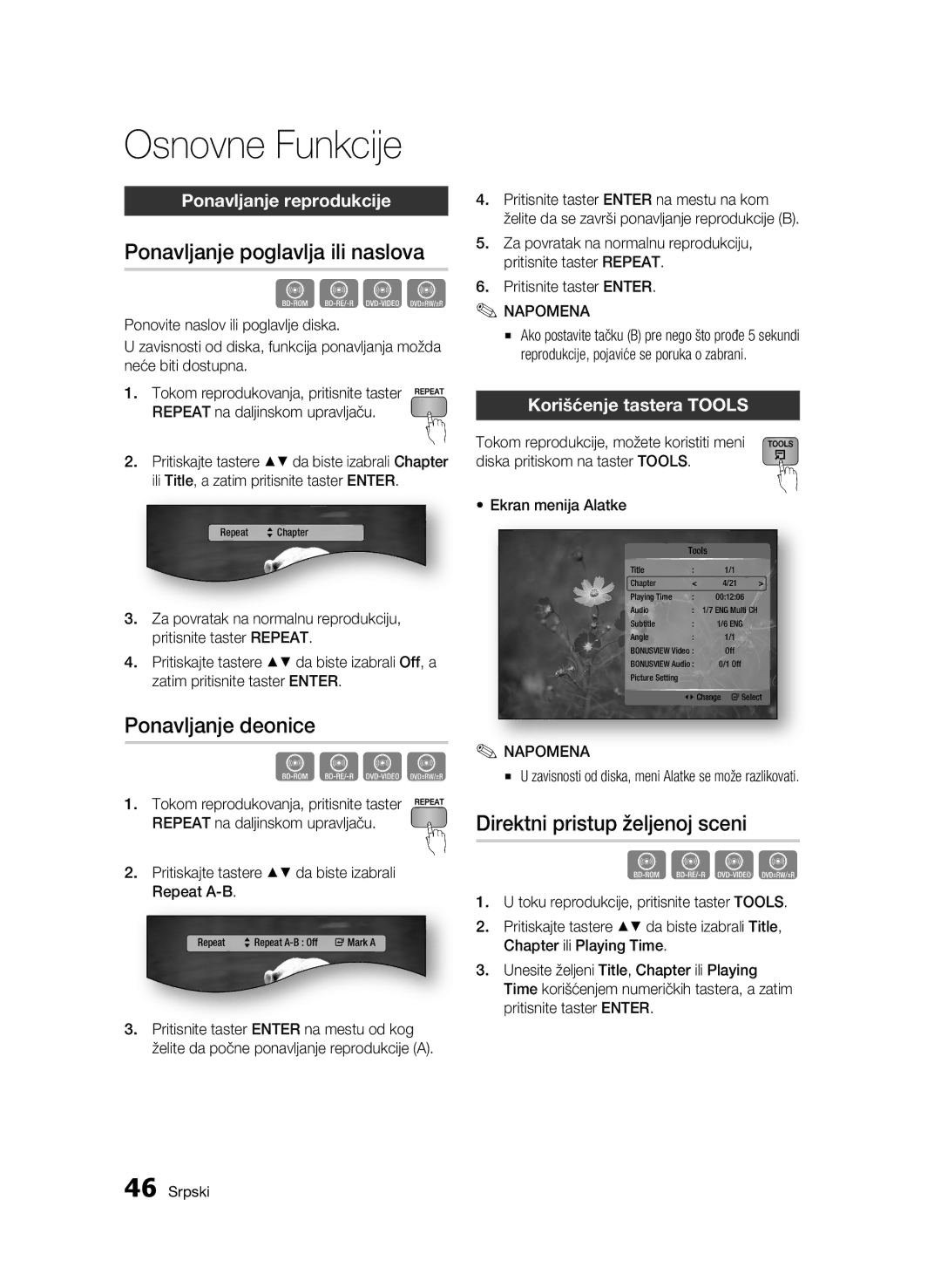 Samsung BD-C6500/EDC manual Ponavljanje poglavlja ili naslova, Ponavljanje deonice, Direktni pristup željenoj sceni 