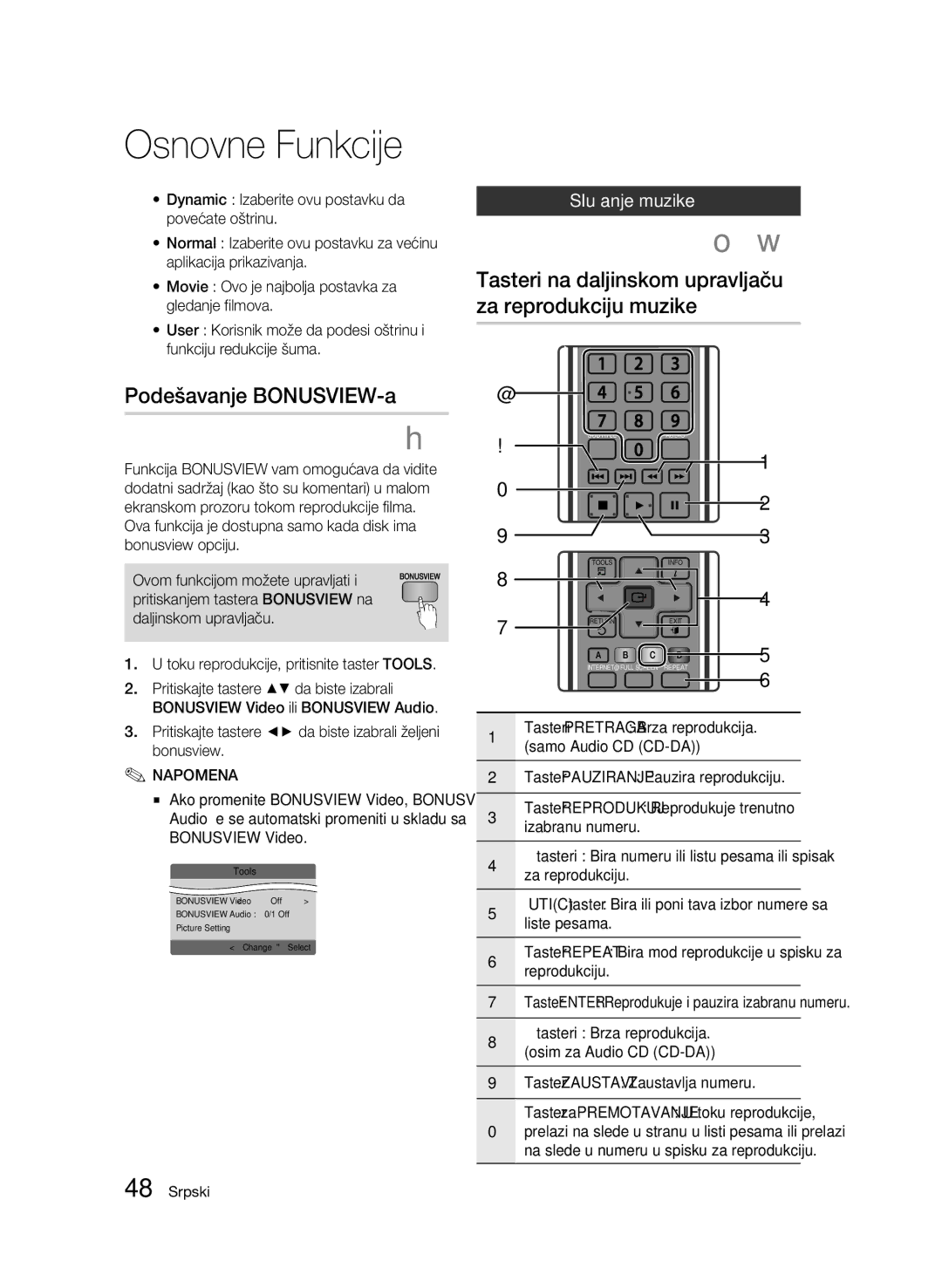 Samsung BD-C6500/EDC manual Slušanje muzike, Liste pesama, Reprodukciju, Tasteri Brza reprodukcija 