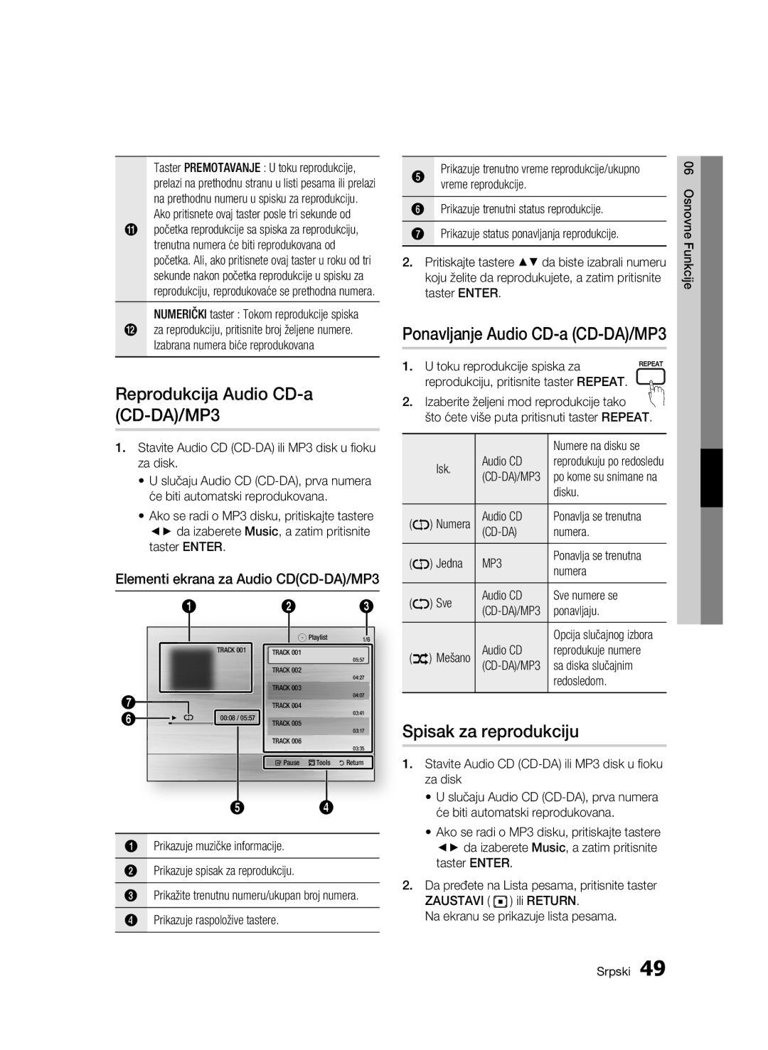 Samsung BD-C6500/EDC manual Reprodukcija Audio CD-a CD-DA/MP3, Spisak za reprodukciju, Elementi ekrana za Audio CDCD-DA/MP3 