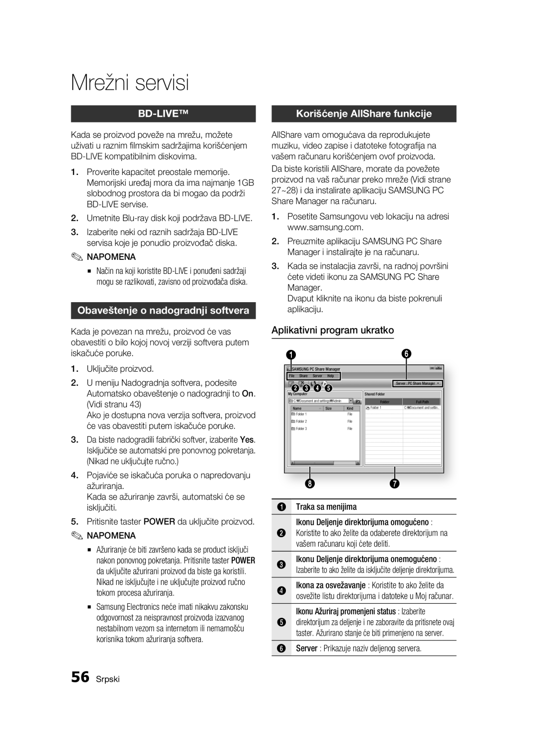 Samsung BD-C6500/EDC manual Korišćenje AllShare funkcije, Obaveštenje o nadogradnji softvera, Aplikativni program ukratko 