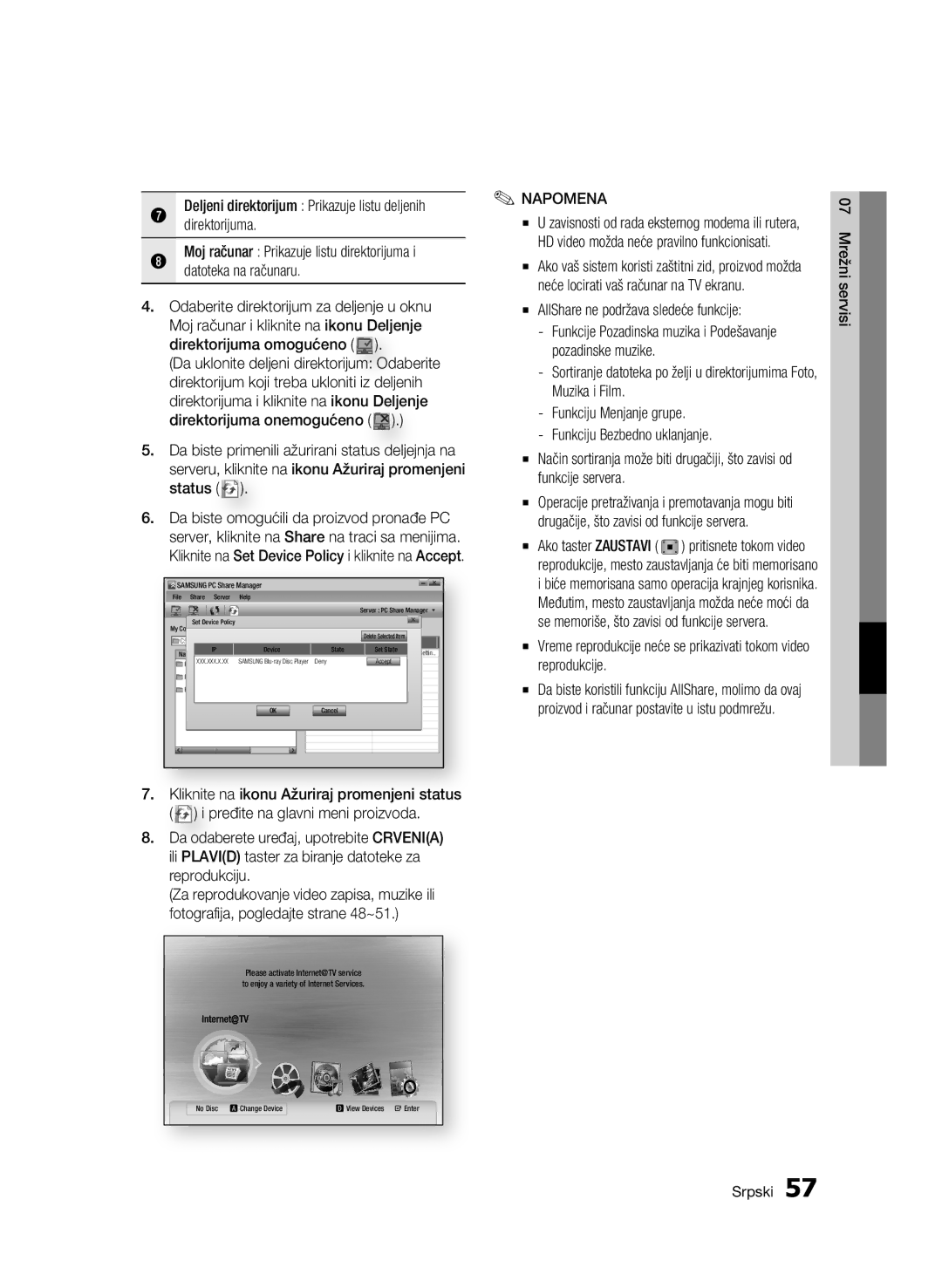 Samsung BD-C6500/EDC manual AllShare ne podržava sledeće funkcije 