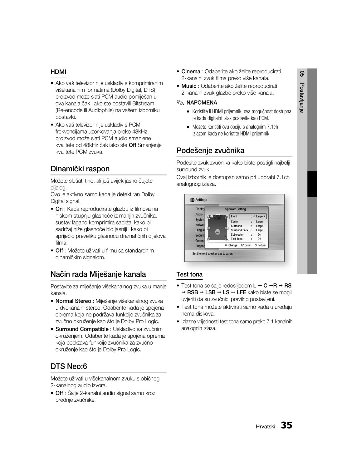 Samsung BD-C6500/EDC manual Dinamički raspon, Način rada Miješanje kanala, Podešenje zvučnika, DTS Neo6, Test tona 